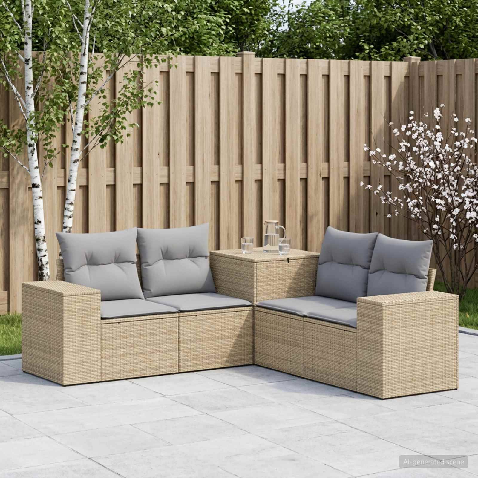 Sitzgruppe für die Terrasse im Freien mit zwei Rattankorbsofas, grauen Kissen und passendem Couchtisch neben einem Holzzaun.