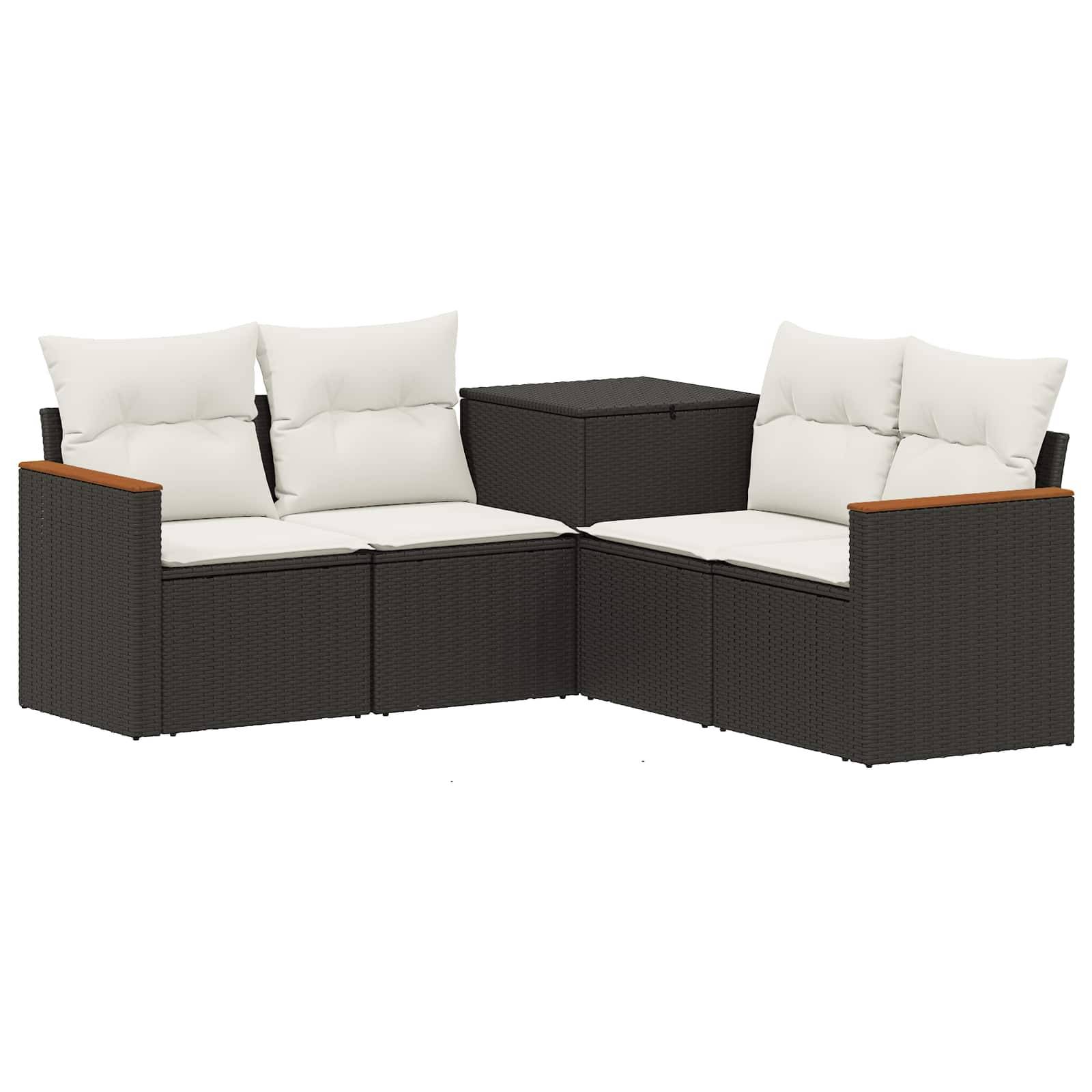 Outdoor-Polyrattan-Ecksofa-Set mit weißen Auflagen und passendem quadratischem Beistelltisch auf weißem Hintergrund.