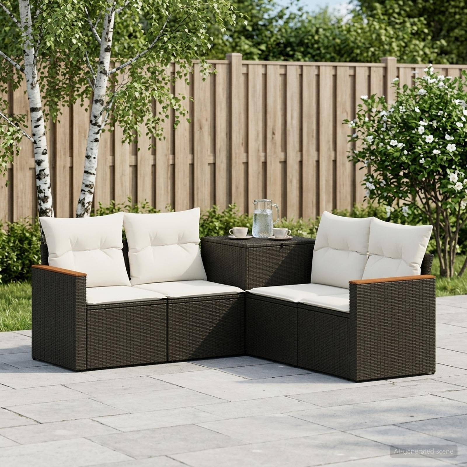 Outdoor-Terrassensektionalsofa mit weißen Kissen, dunkel geflochtenem Rahmen und kleinem Tisch in einer Gartensituation im Hinterhof.