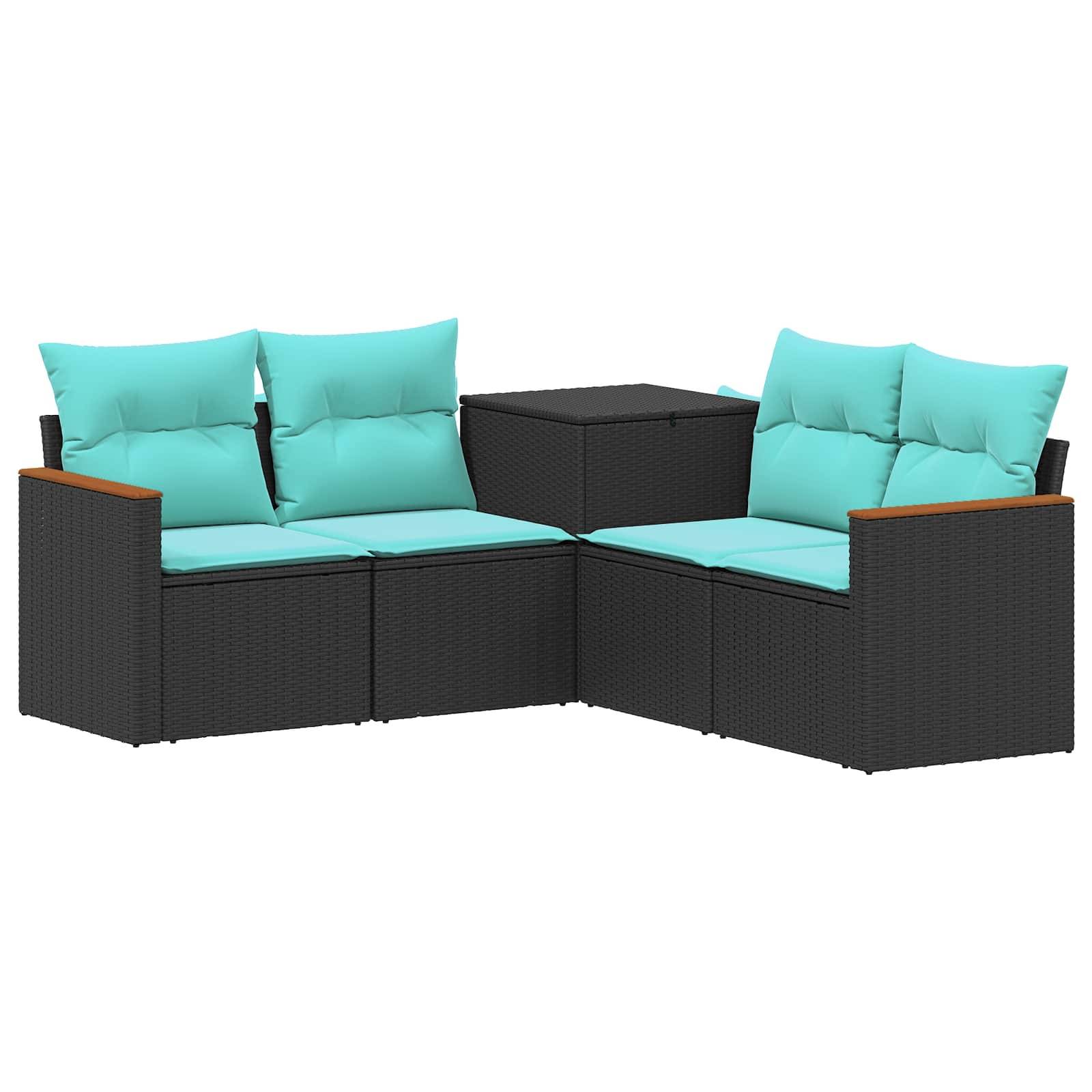 Schwarzes Rattan-Außenecksofa-Set mit türkisen Kissen und passendem quadratischem Beistelltisch, auf weißem Hintergrund dargestellt.