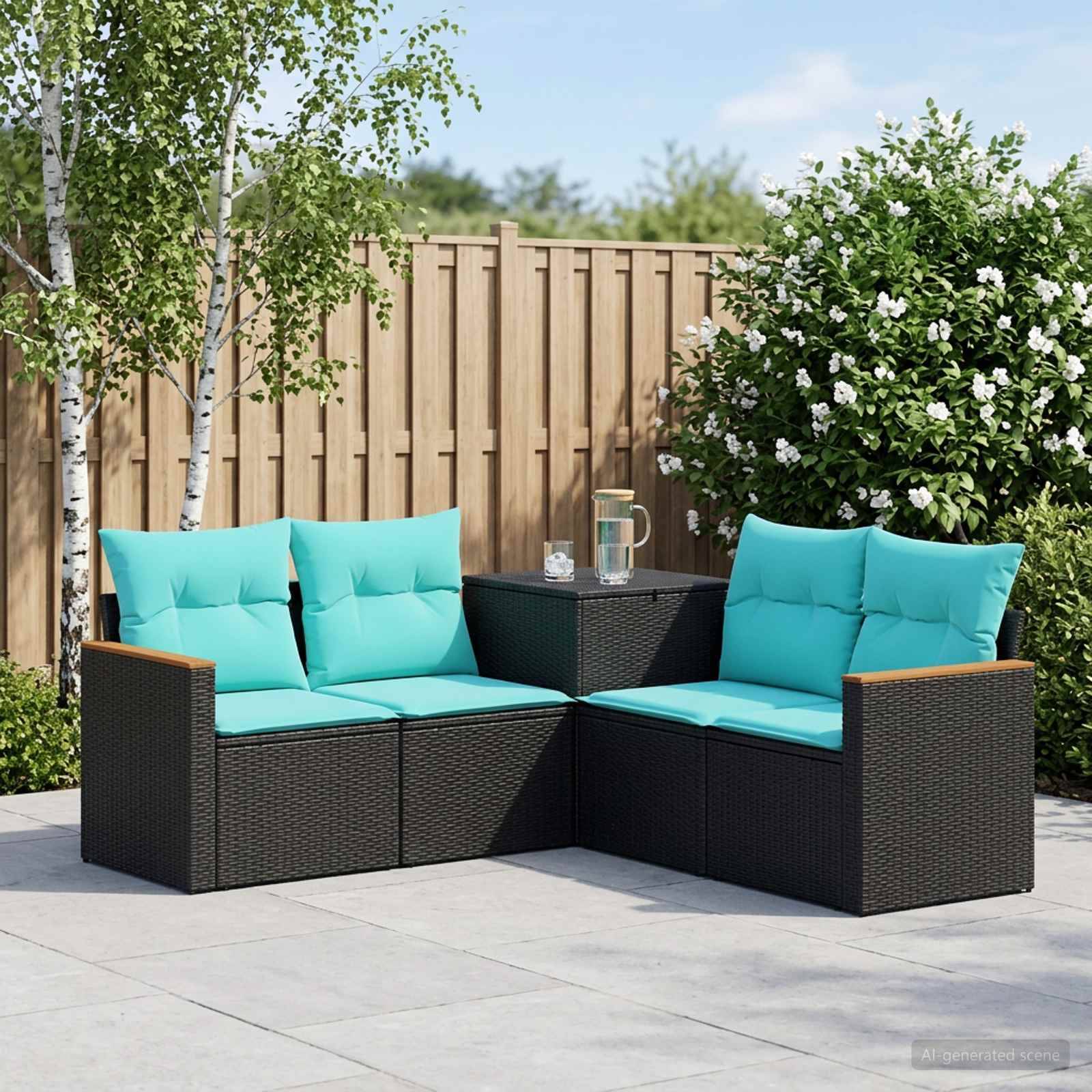 Zwei schwarze Rattanstühle mit türkisen Kissen bilden eine Eckgruppe um einen kleinen Tisch auf einer gepflasterten Terrasse, mit Bäumen, Sträuchern und einem Holzzaun im Hintergrund.