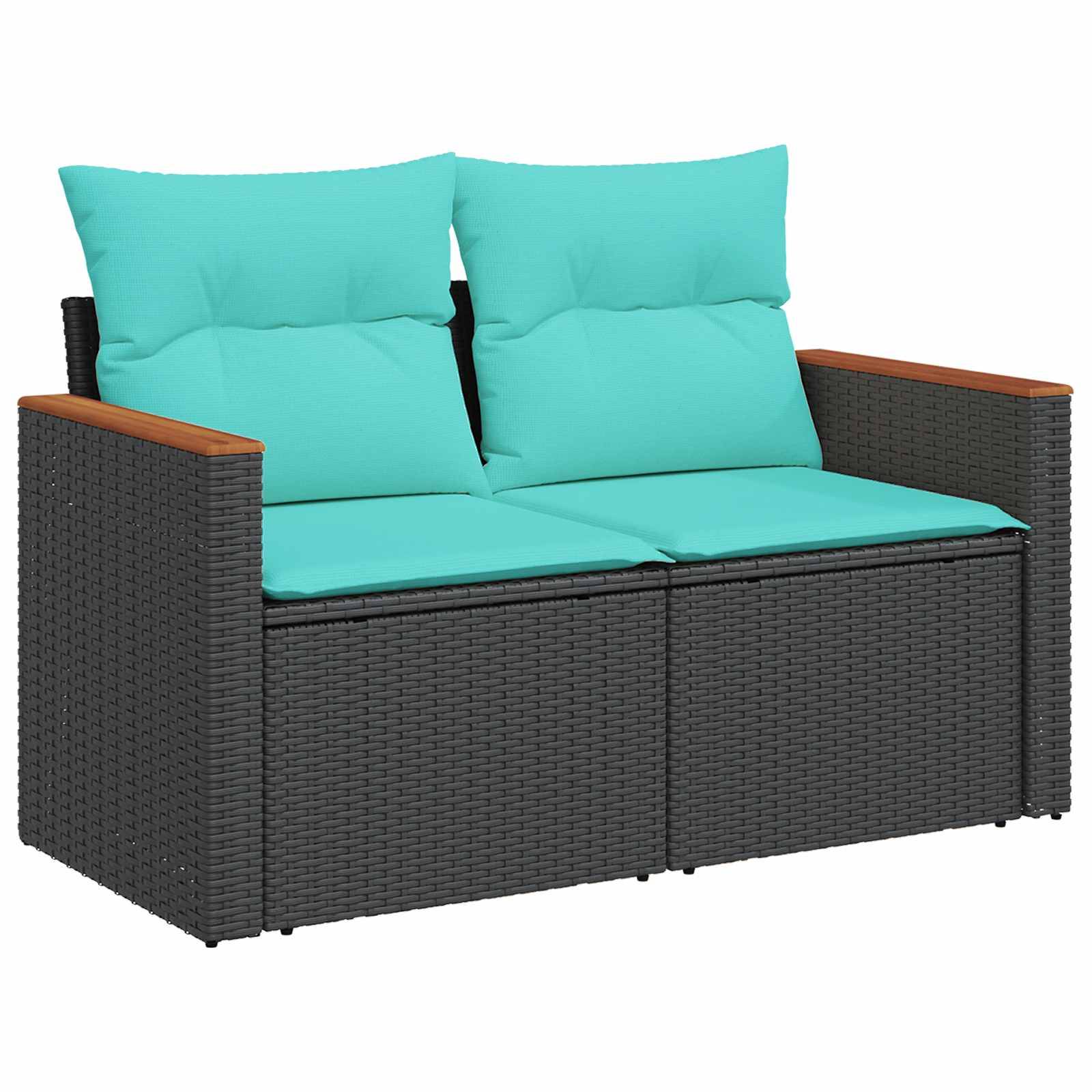 Dunkel gewebte Outdoor-Liege mit türkisfarbenen Sitz- und Rückenkissen und holzverkleideten Armlehnen auf weißem Hintergrund.