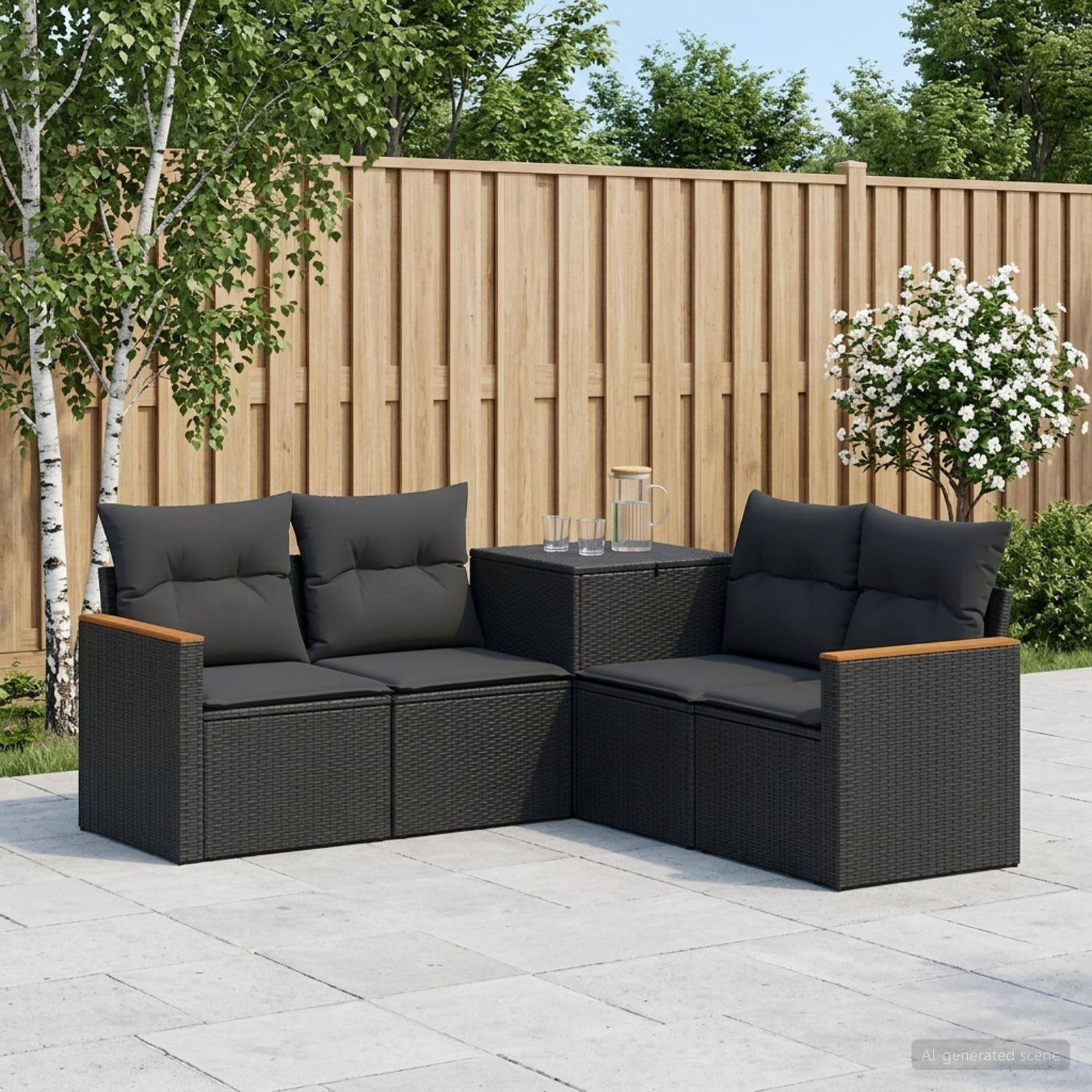 Außenbereich-Sitzmöbelset für die Terrasse mit zwei schwarzen gepolsterten Rattanliebessitzen und einem kleinen Tisch, angeordnet vor einem Holzzaun mit Bäumen und Blumen in der Nähe.