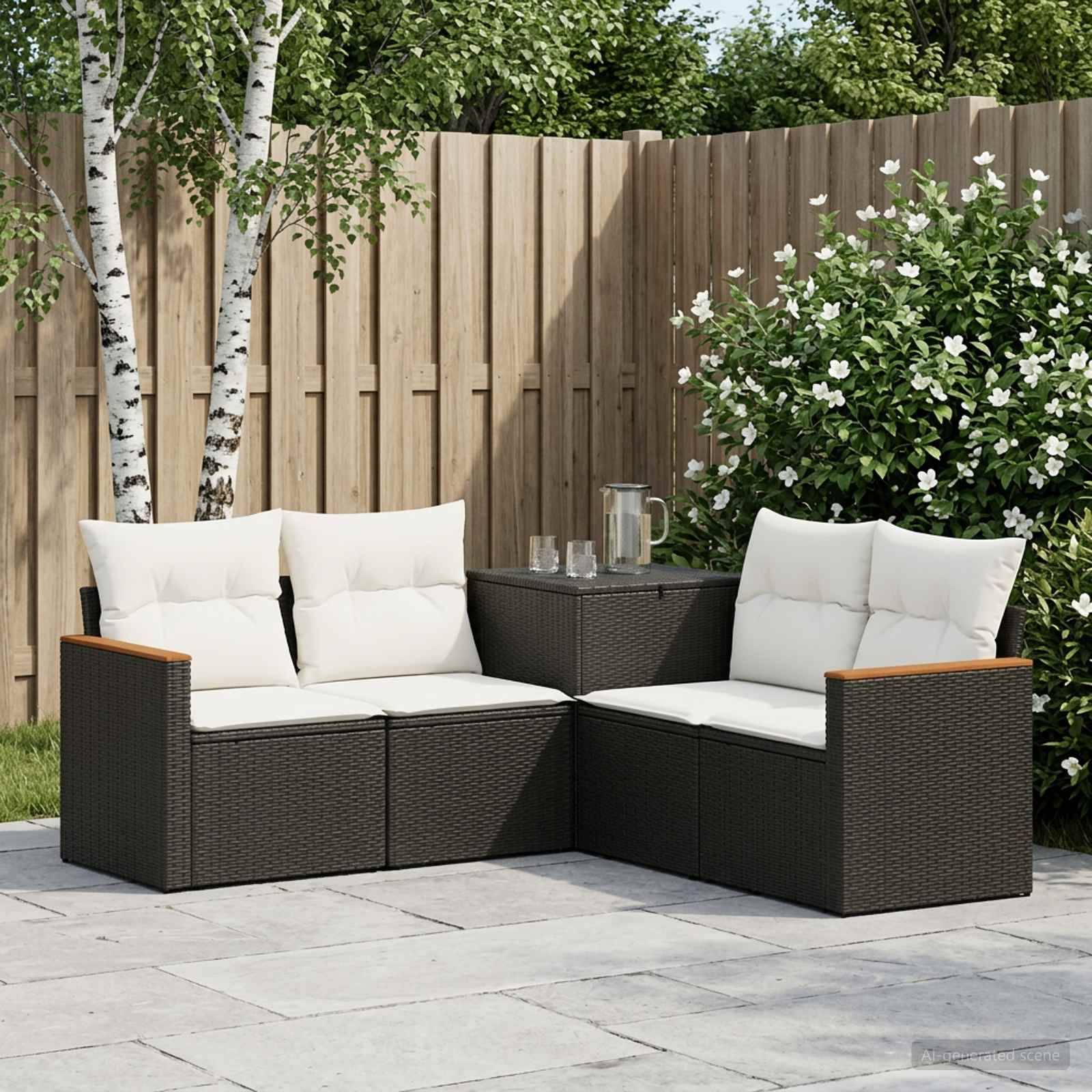 Ecksofa-Garnitur für die Terrasse im Freien mit weißen Kissen, Beistelltisch und Glasgeschirr neben einem Holzzaun und Sträuchern.