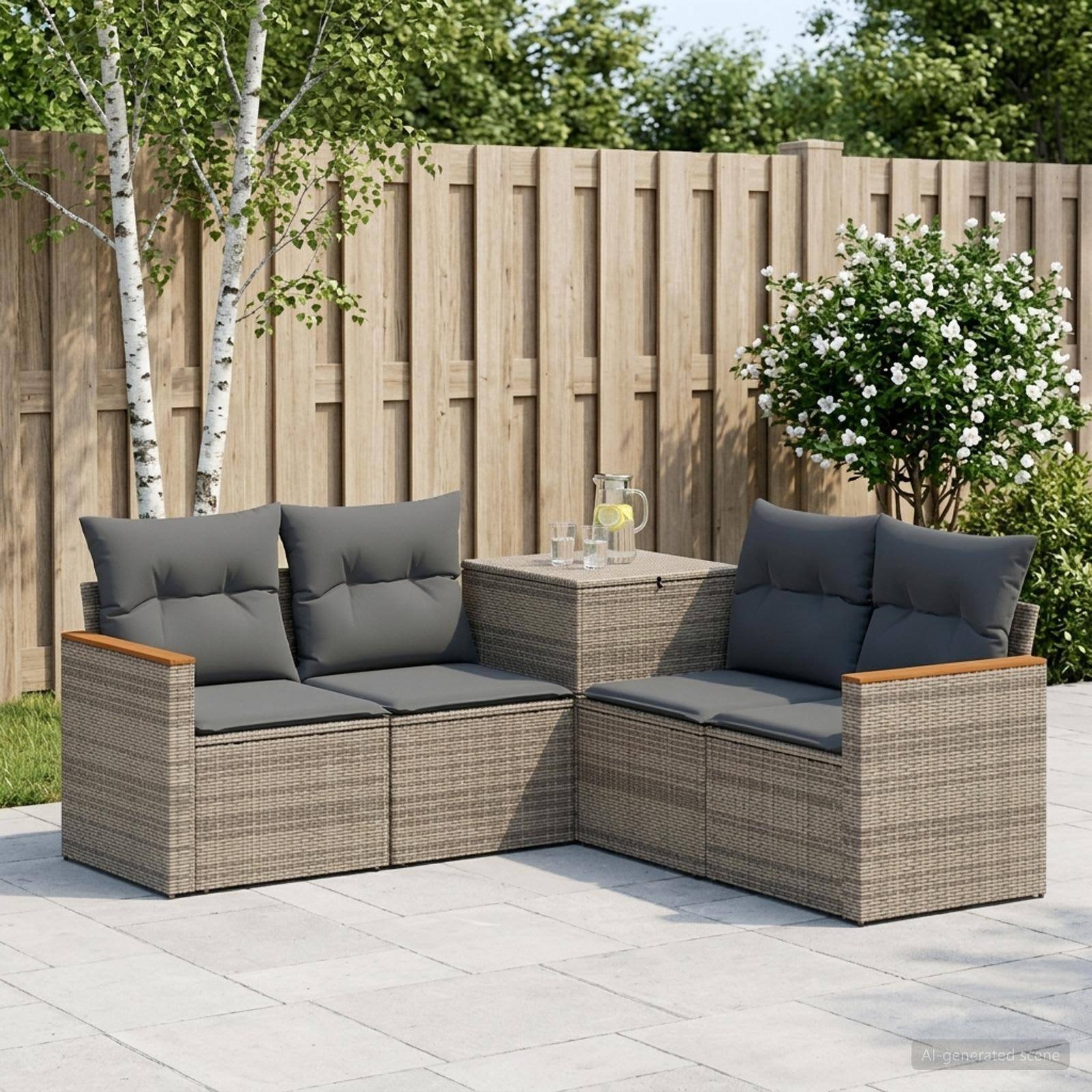 Outdoor-Terrassensitzgarnitur mit zwei grauen gepolsterten Rattansofa um einen kleinen Tisch, vor einem Holzzaun und Gartensträuchern aufgestellt.