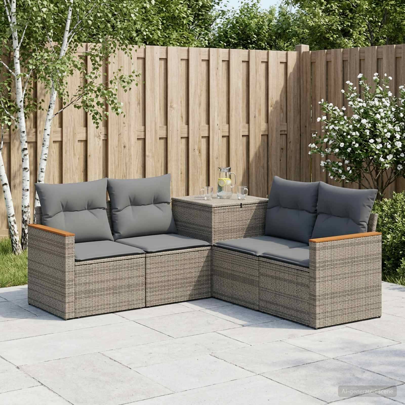 Sitzmöbel-Set für die Außenterrasse mit zwei grauen gepolsterten Sofas und einem passenden Beistelltisch in einem umzäunten Garten.