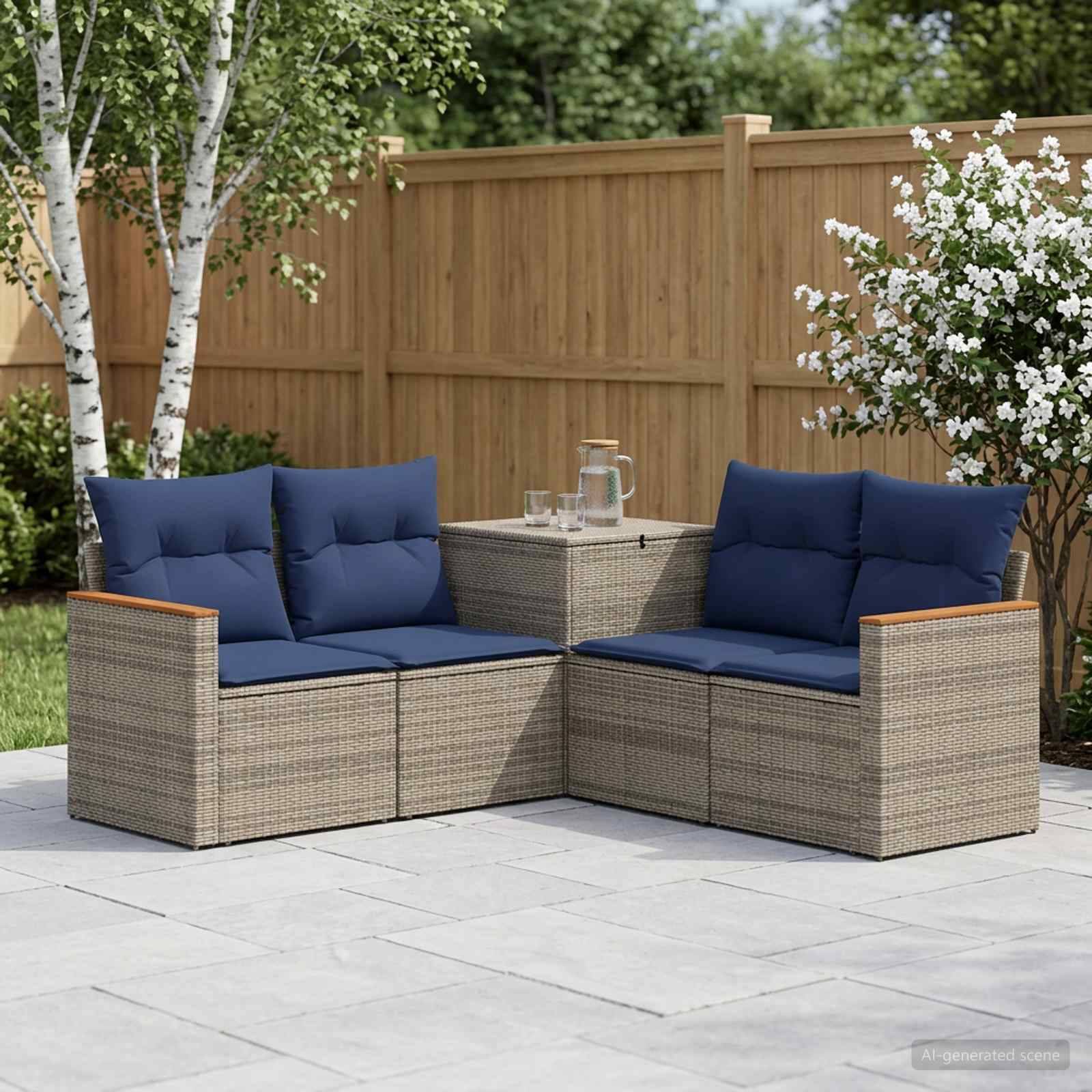 Outdoor-Terrassenelement mit blauen Kissen und einem kleinen Wickeltisch, auf einem gepflasterten Hof neben einem Holzzaun und blühenden Sträuchern aufgestellt.