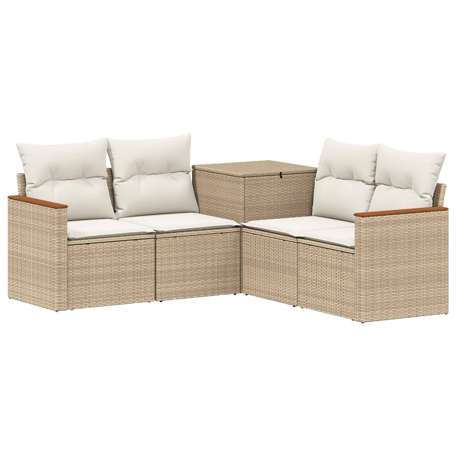 Rattan-Außenbereich-Ecksofa-Set mit weißen Kissen und passendem quadratischem Stauraum-Couchtisch auf weißem Hintergrund.