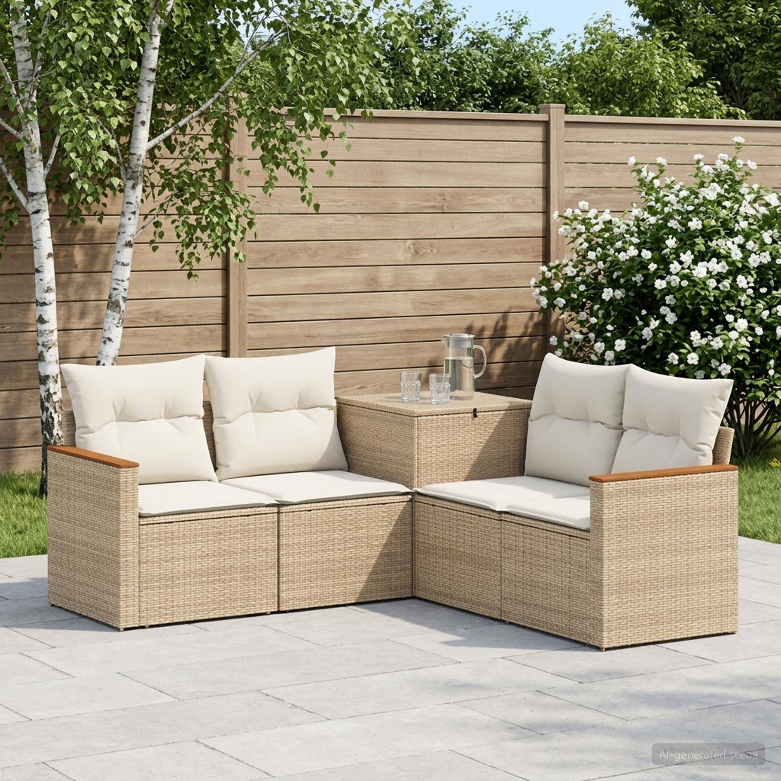 Outdoor-Rattan-Terrassensectional mit cremefarbenen Kissen, kleinem Beistelltisch und Krug in einem gestalteten Hinterhof neben einem Holzzaun.