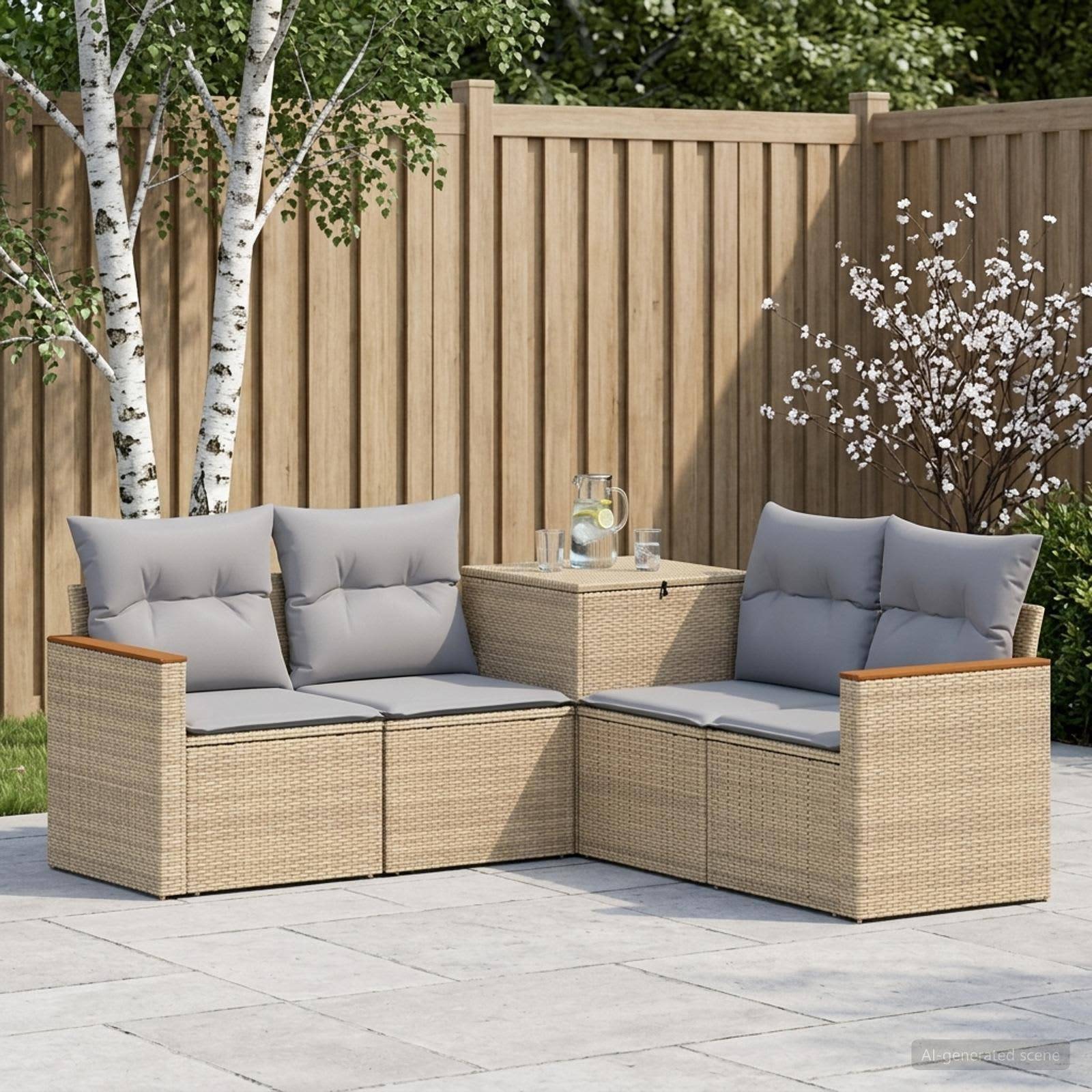 Outdoor-Patio-Ecksofa mit grauen Kissen und Rattan-Rahmen, in L-Form um einen kleinen Tisch in einem eingezäunten Garten angeordnet.