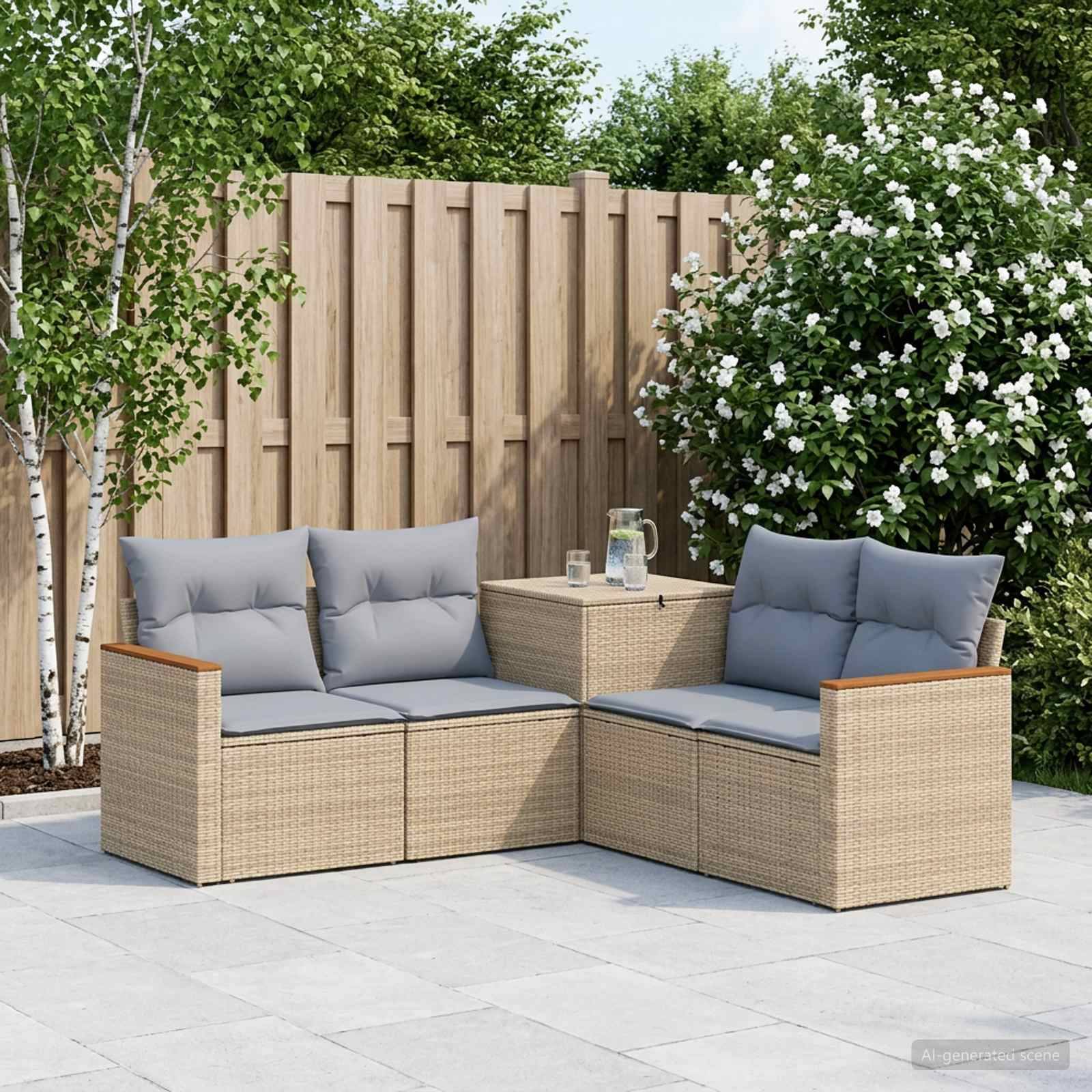 Gartenbereich mit Sitzmöbeln aus zwei Rattan-Zweisitzern und einem kleinen Tisch, grauem Polster, vor einem Holzzaun und Gartensträuchern.