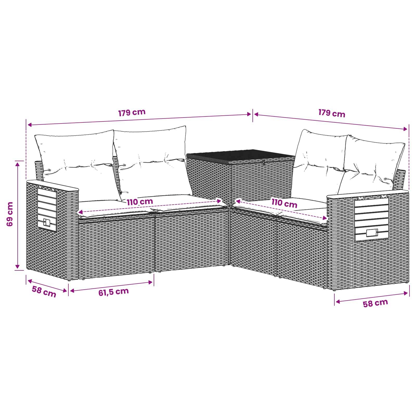 Diagramm eines L-förmigen Korbgeflecht-Terrassensofasets mit Ecktisch; Abmessungen: 179 cm Seitenlängen, 110 cm Sitzbreite, 69 cm Höhe, 58 cm Tiefe.