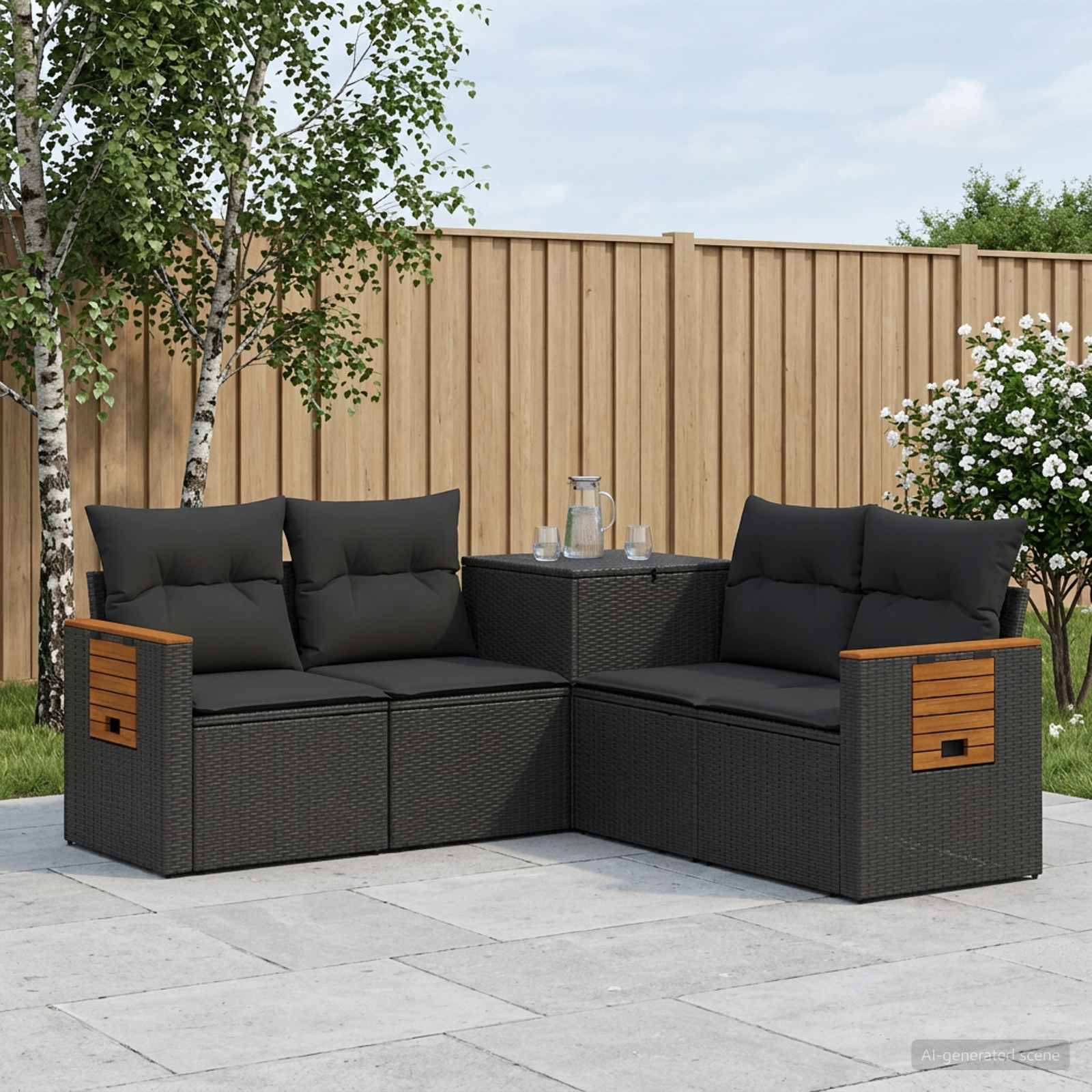 Outdoor-Gartenmöbel aus schwarzem Rattan mit Holzarmlehnen und Beistelltisch auf einer Terrasse, vor einem Holzzaun und grünen Pflanzen.