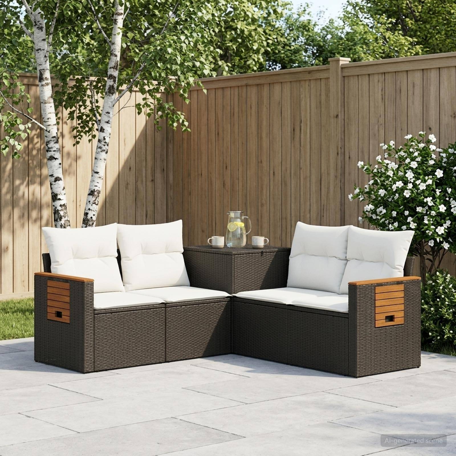 Gartenmöbel-Set für die Terrasse mit zwei dunklen Rattansofas und weißen Kissen um einen kleinen Tisch, vor einem Holzzaun und Birkenbäumen.