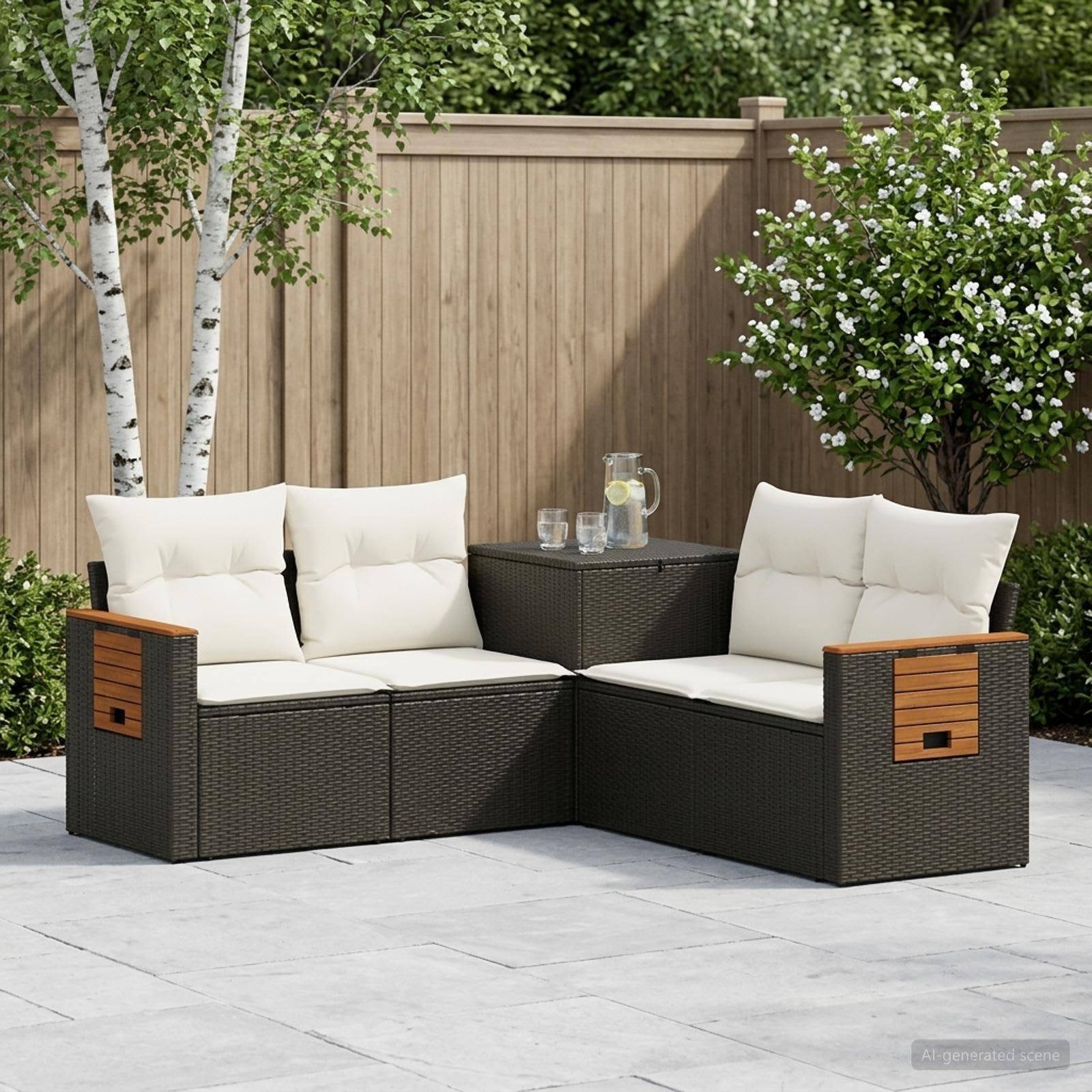 Outdoor-Terrassensitzgarnitur mit zwei Korbliebessitzen, cremefarbenen Kissen und einem kleinen Tisch auf einer Steinterrasse neben einem Holzzaun und Bäumen.