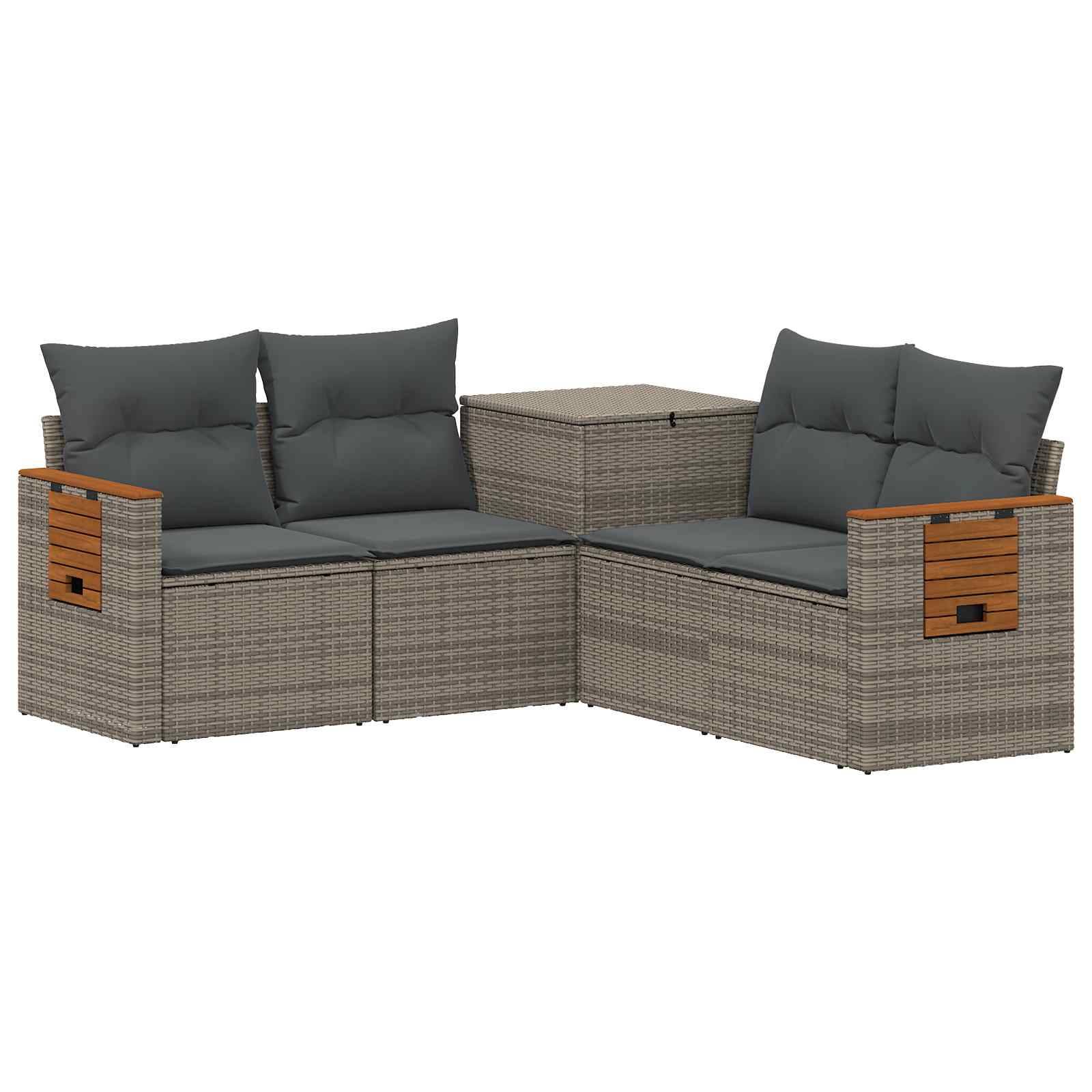Outdoor-Polyrattan-Ecksofa-Set mit grauen Kissen und passendem Ecktisch auf weißem Hintergrund.