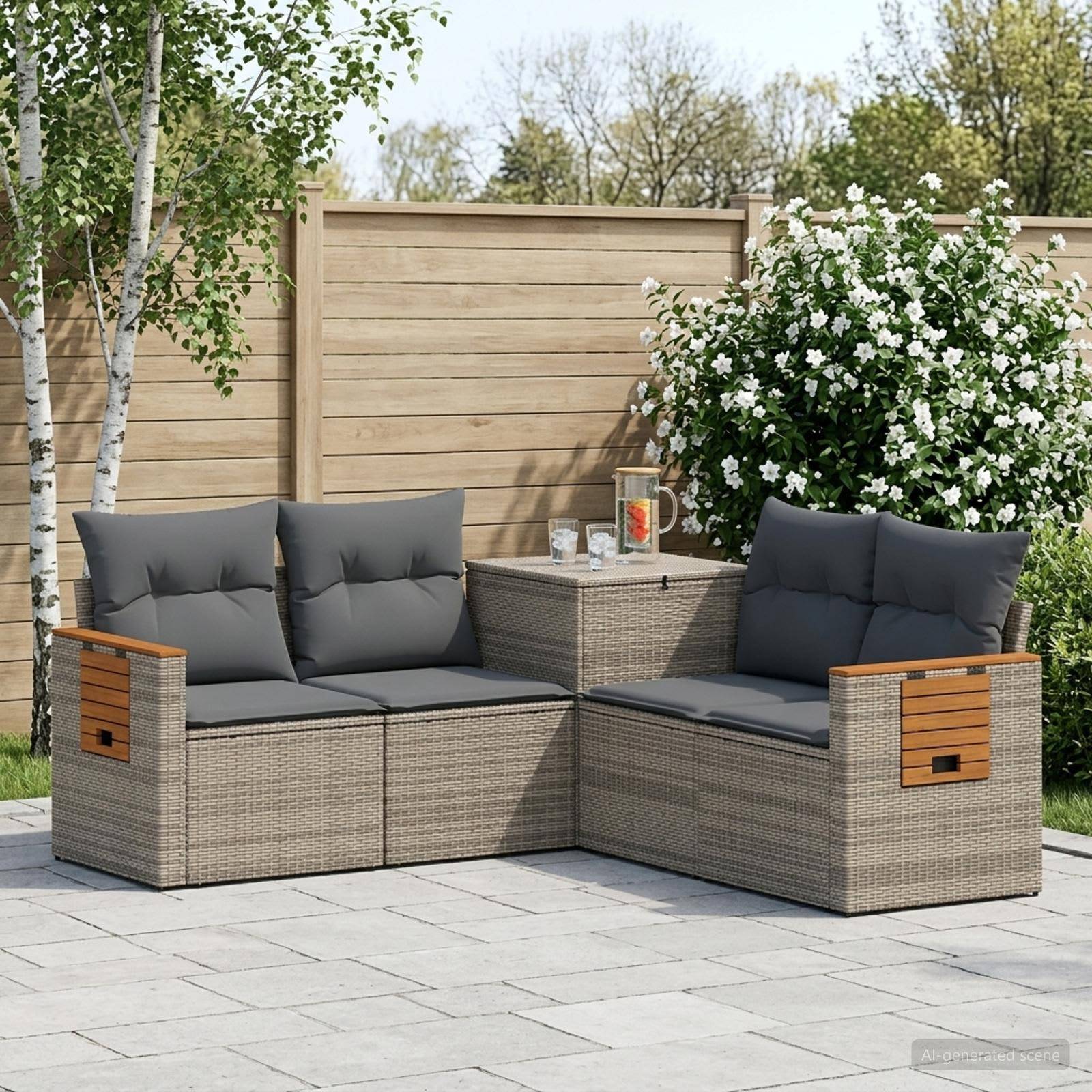 Gartenmöbel-Set im Freien mit zwei graugepolsterten Korbliebessitzen um einen kleinen Tisch in einem gestalteten Hinterhof.