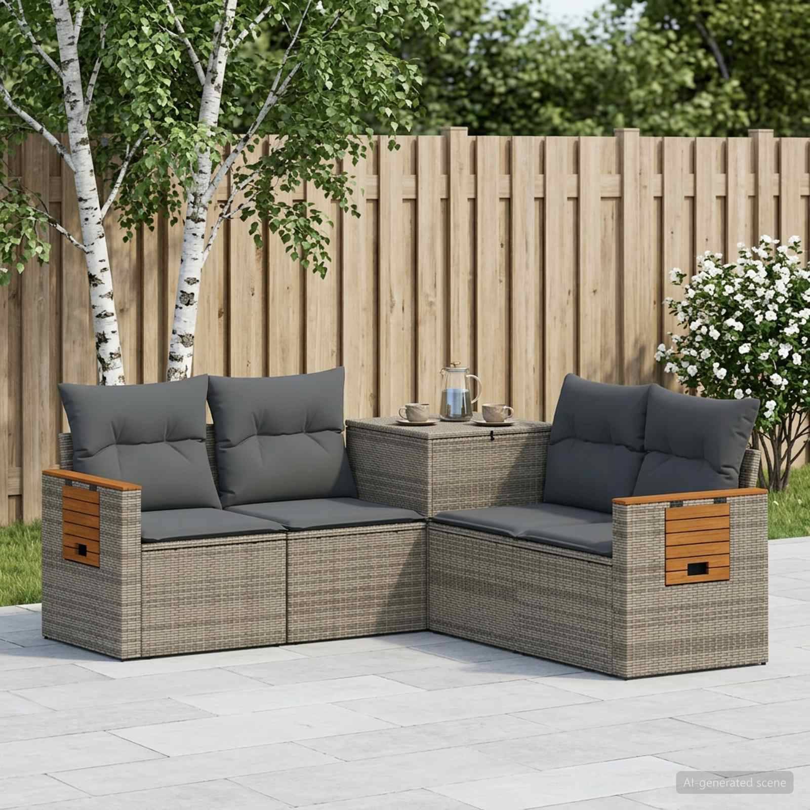 Gartenmöbel-Set im Außenbereich mit zwei grauen Sofas mit Polsterung und einem passenden Mitteltisch auf einer gepflasterten Terrasse, neben einem Holzzaun und Bäumen.