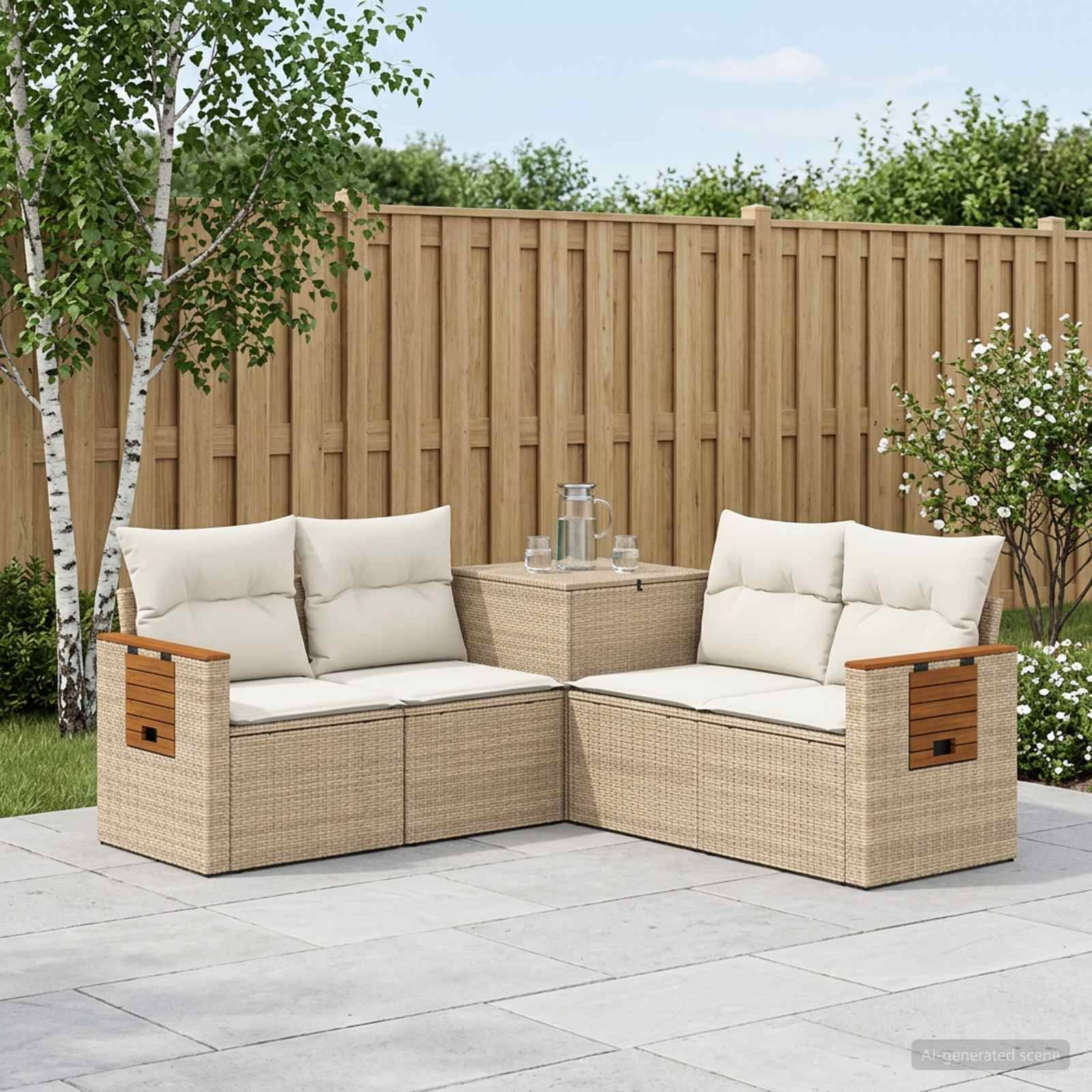 Outdoor-Terrassenmöbelset mit zwei beigen gepolsterten Rattansofas, die sich einem kleinen quadratischen Tisch auf einer Steinterrasse in einem eingezäunten Garten gegenüberstehen.