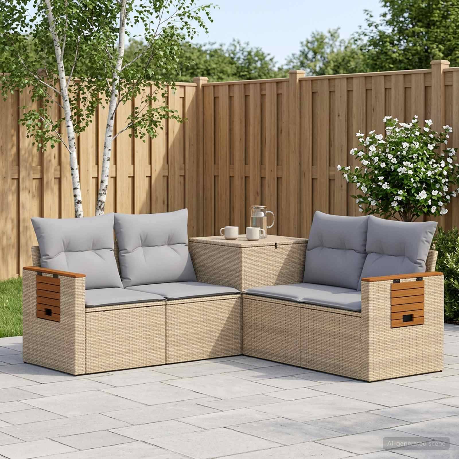 Gartenmöbelset für die Terrasse mit zwei geflochtenen Rattansofas, grauen Kissen und einem zentralen Tisch auf einer gepflasterten Terrasse neben einem Holzzaun.