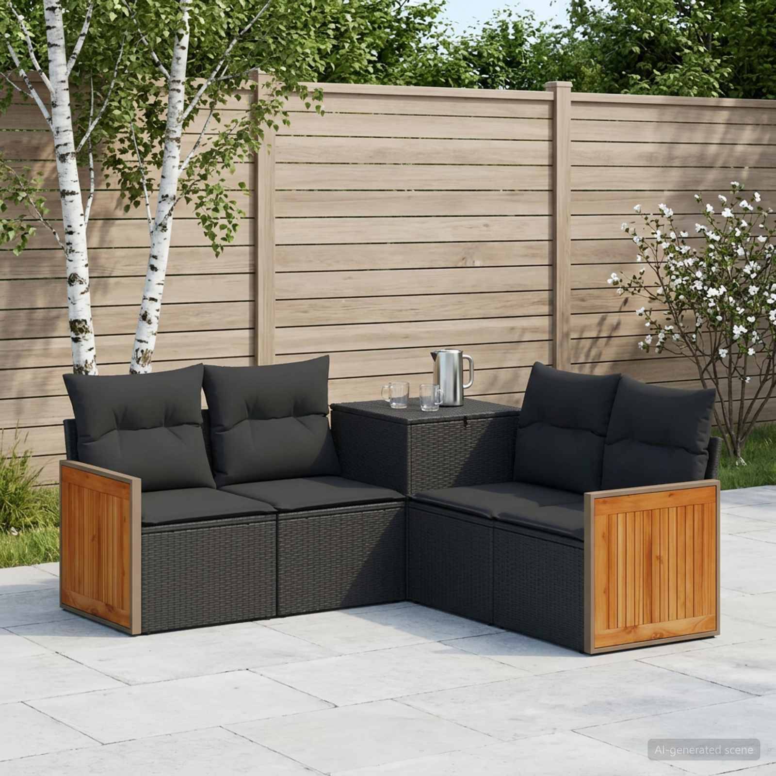 Terrassenbestuhlung im Freien mit schwarzem gepolstertem Ecksofa und Armlehnen aus Holz, angeordnet um einen kleinen Tisch auf einer gepflasterten Terrasse neben einem Holzzaun.