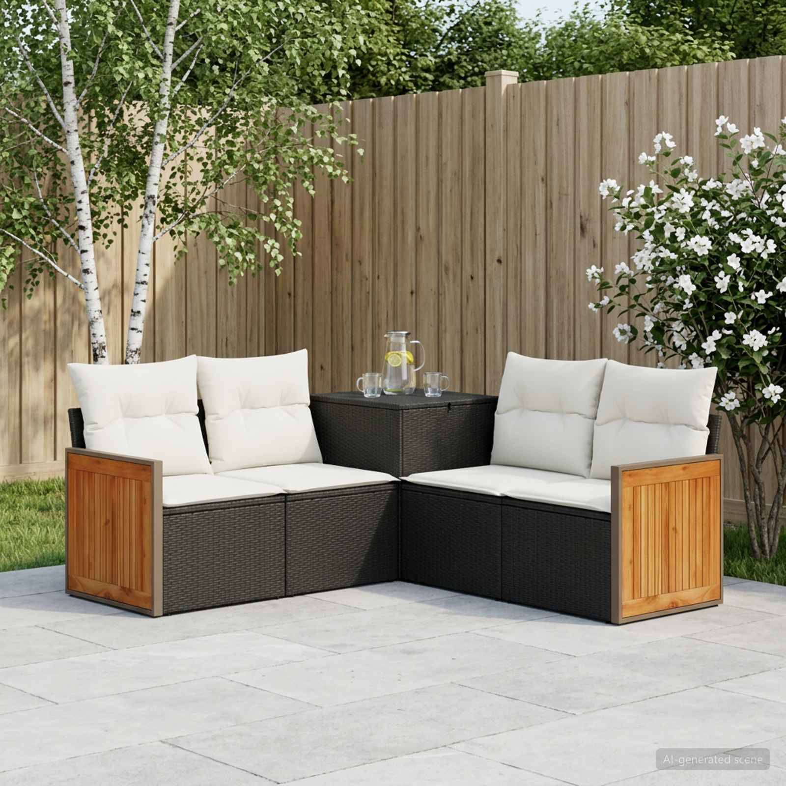 Outdoor-Ecksofa-Set mit weißen Kissen, Holzakzent-Armlehnen und einem kleinen passenden Tisch auf einer Steinterrasse neben einem Holzzaun und blühenden Sträuchern.