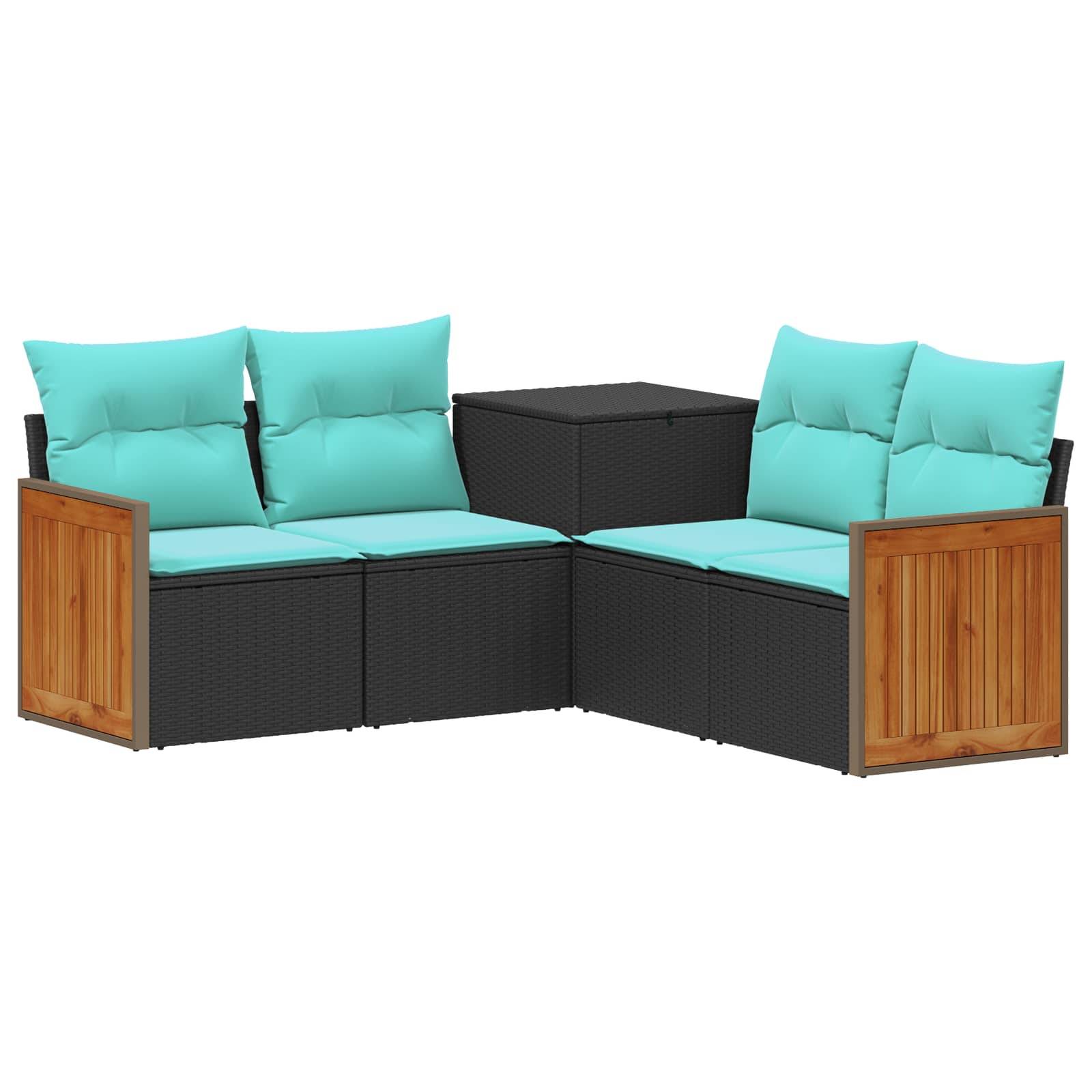 Outdoor-Ecksofa für die Terrasse mit schwarzem Rattanrahmen, türkisfarbenen Kissen, Holzseitenpaneelen und passendem quadratischen Tisch