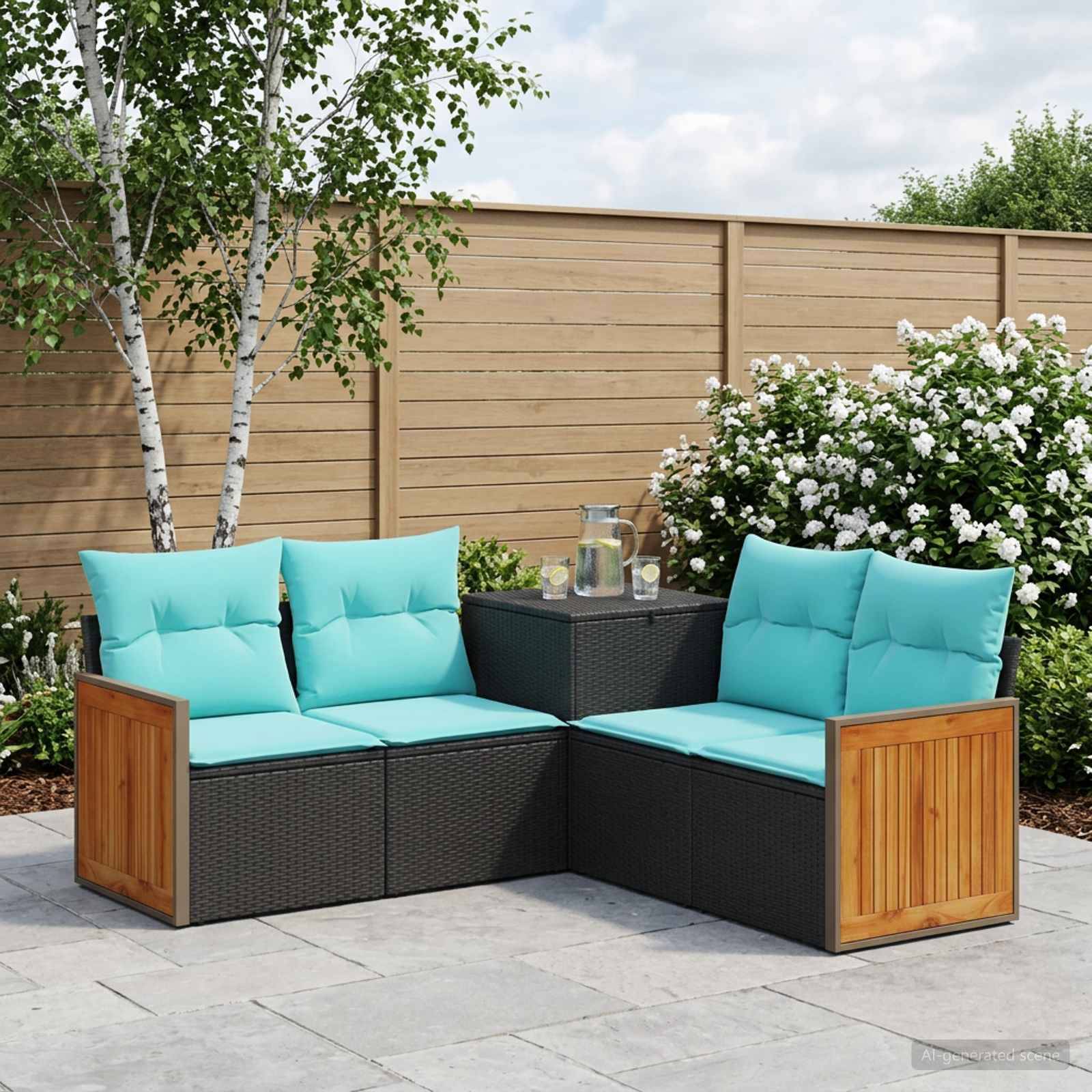 Gartenmöbelset für die Terrasse mit schwarzem Polyrattan-Ecksofa, türkisfarbenen Kissen, Armlehnen aus Holz und einem kleinen passenden Beistelltisch in einem Garten.