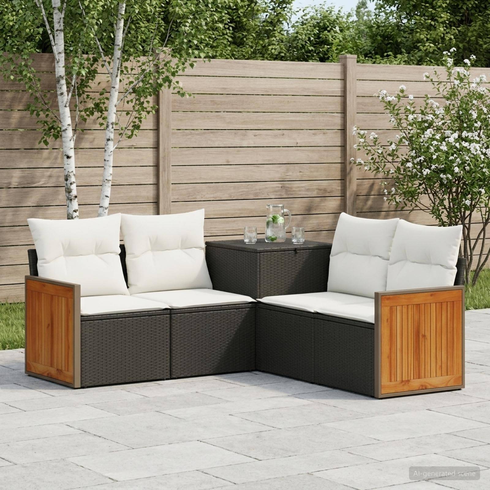 Outdoor-Sitzmöbel-Set mit Ecksofa und weißen Kissen, Holzarmlehnen und kleinem schwarzem Tisch, auf einer Steinveranda mit Holzzaun und Bäumen im Hintergrund.