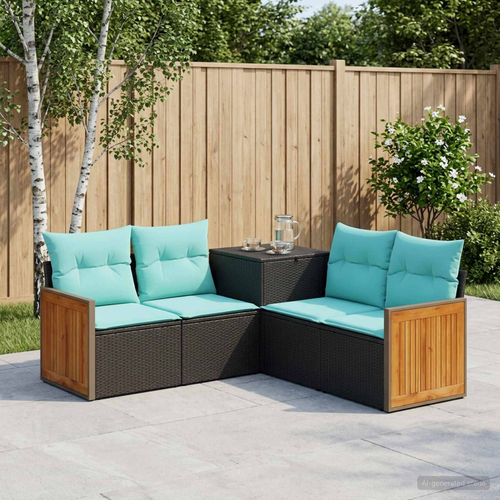 Outdoor-Terrassenmöbel-Set mit zwei türkisfarbenen Polstersesseln, dunklen Rattangestellen und einem kleinen passenden Tisch auf einer gepflasterten Hof-Terrasse