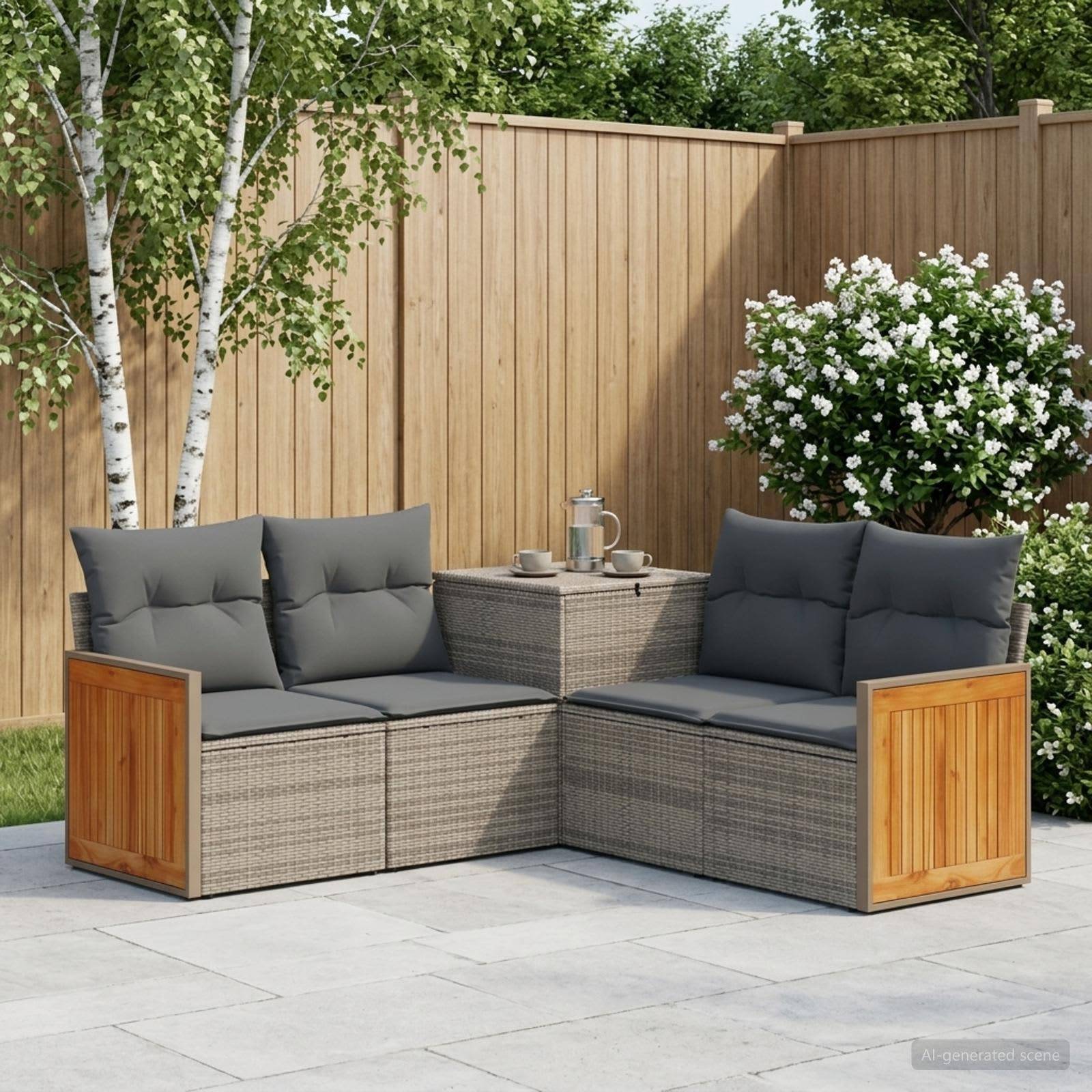 Outdoor-Terrasse mit L-förmigem Rattansektional und grauen Kissen um einen kleinen Tisch, vor einem Holzzaun und blühenden Sträuchern.