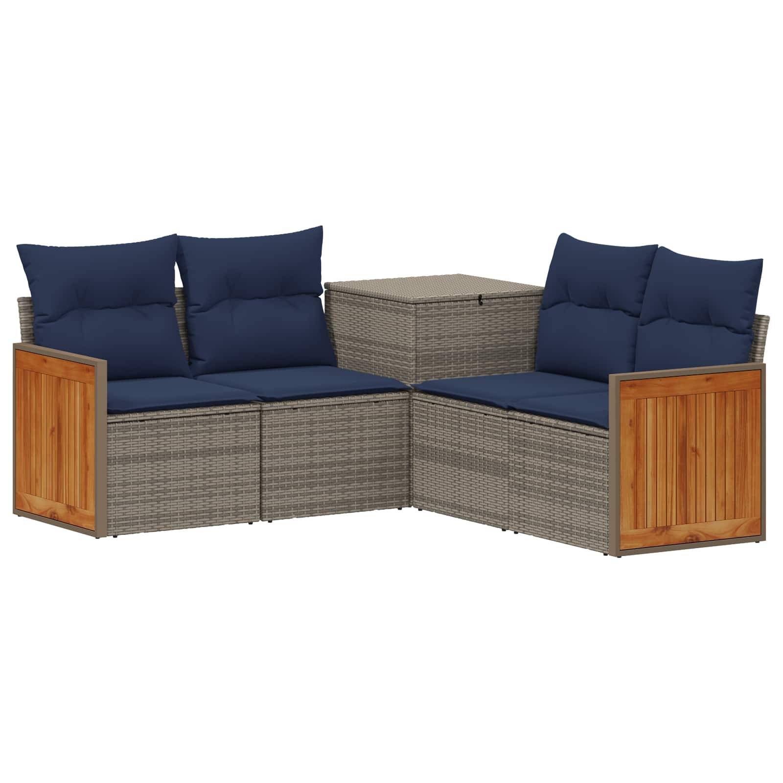 Outdoor-Rattanmöbel-Loungegruppe mit blauen Kissen, Holzarmlehnen und passendem Mitteltisch mit Stauraum