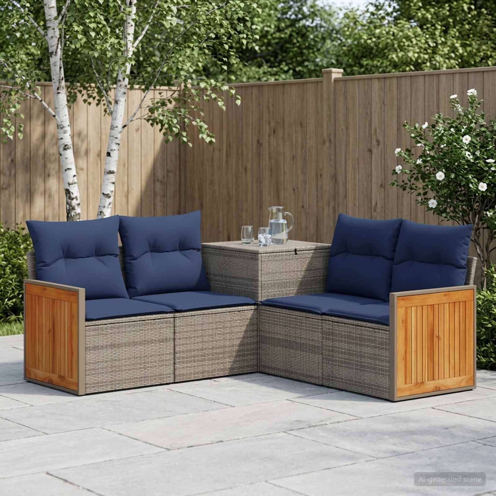 Outdoor-Loungeset aus Sektionselementen mit blauen Kissen und Holzseitenpaneelen um einen kleinen Tisch herum, auf einer Steinterrasse neben einem Holzzaun und Bäumen.