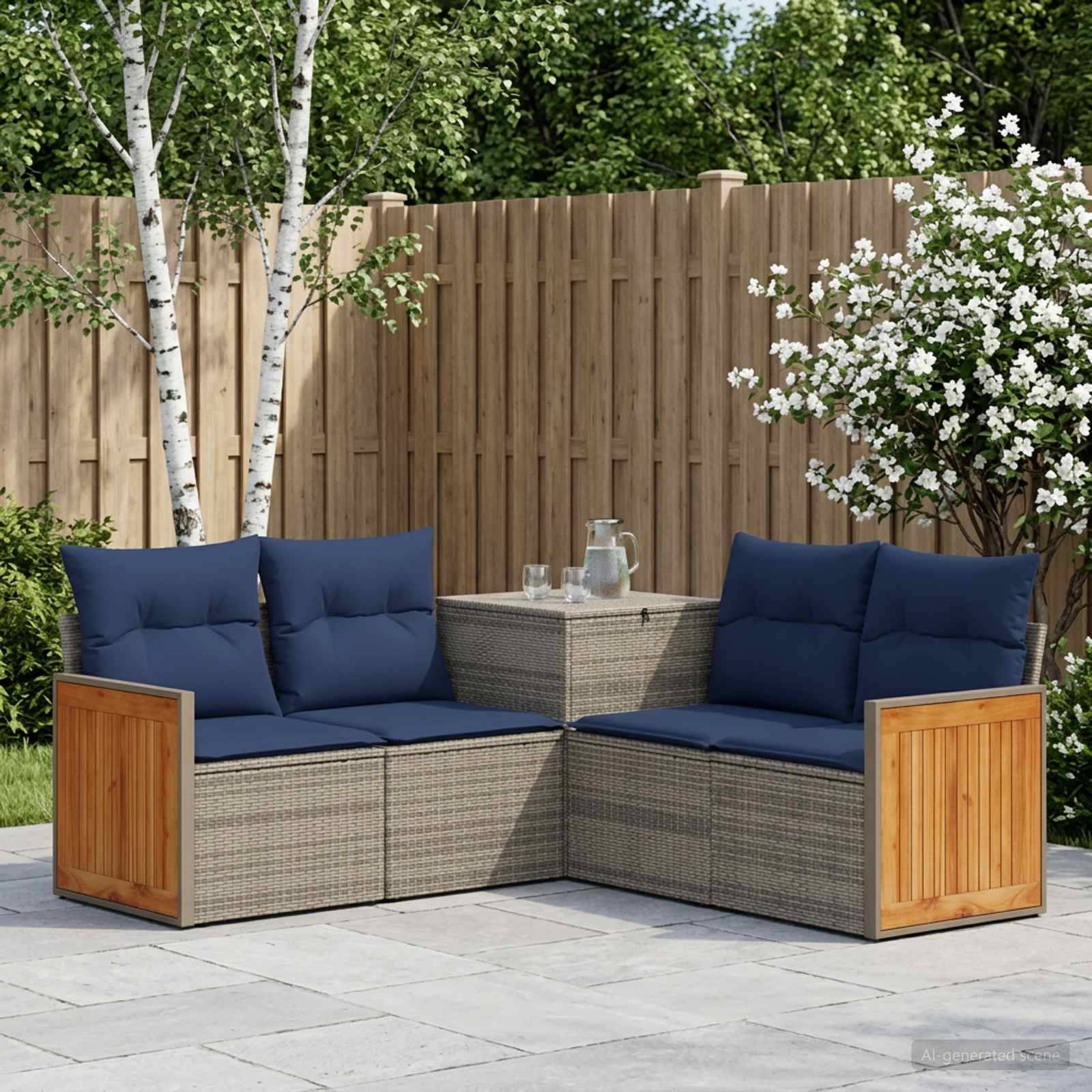 Eckige Terrassencouch im Freien mit dunkelblauem Kissen, ein kleiner Tisch und eine Kanne, auf einer Steinterrasse neben einem Holzzaun und blühenden Büschen angeordnet.