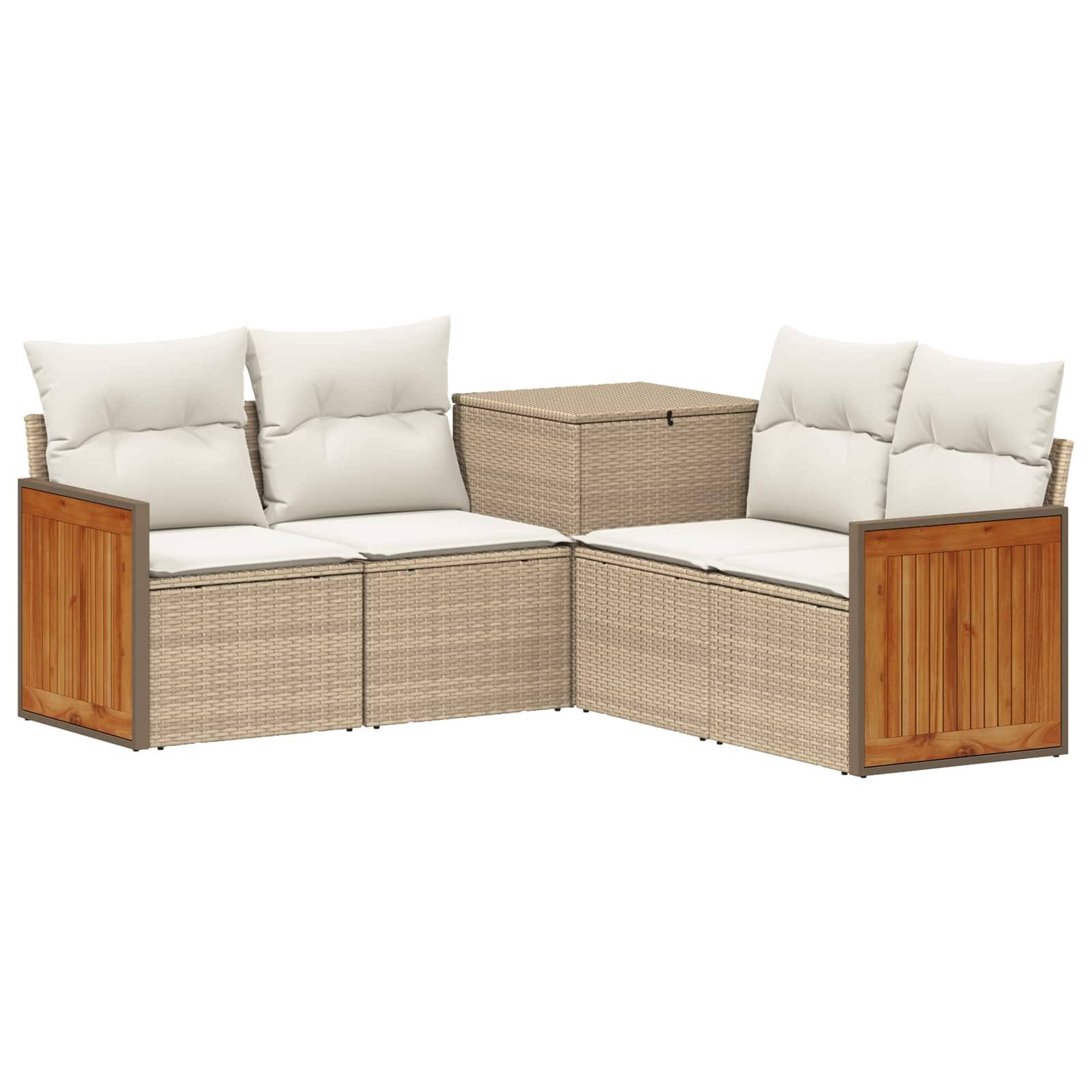 Outdoor-Rattanecksofa-Set mit weißen Kissen, Holzarmlehnen und passendem Stauraum-Couchtisch