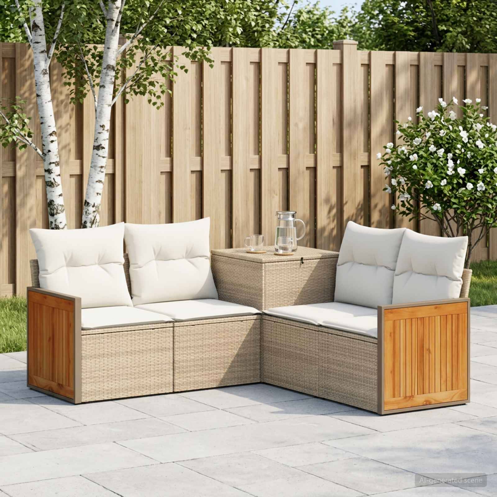 Outdoor-Rattan-Ecksofa für die Terrasse mit weißen Kissen, Holzarmauflagen und zentralem Tisch auf einer gepflasterten Terrasse neben einem Holzzaun und Bäumen.