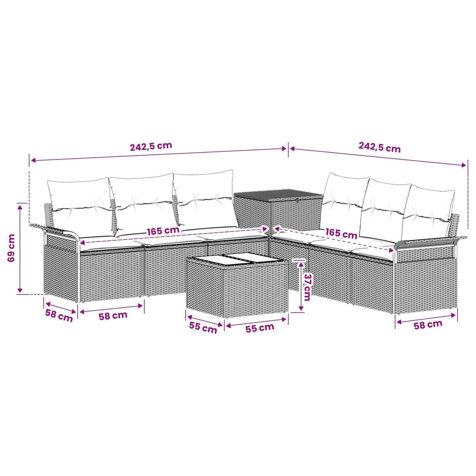 Eck-Lounge-Garnitur für die Terrasse mit Couchtisch und Beistelltisch; Abmessungen mit 242,5 cm pro Seite, 69 cm Höhe, 165 cm Sitzbreite, 58 cm Tiefe gekennzeichnet.