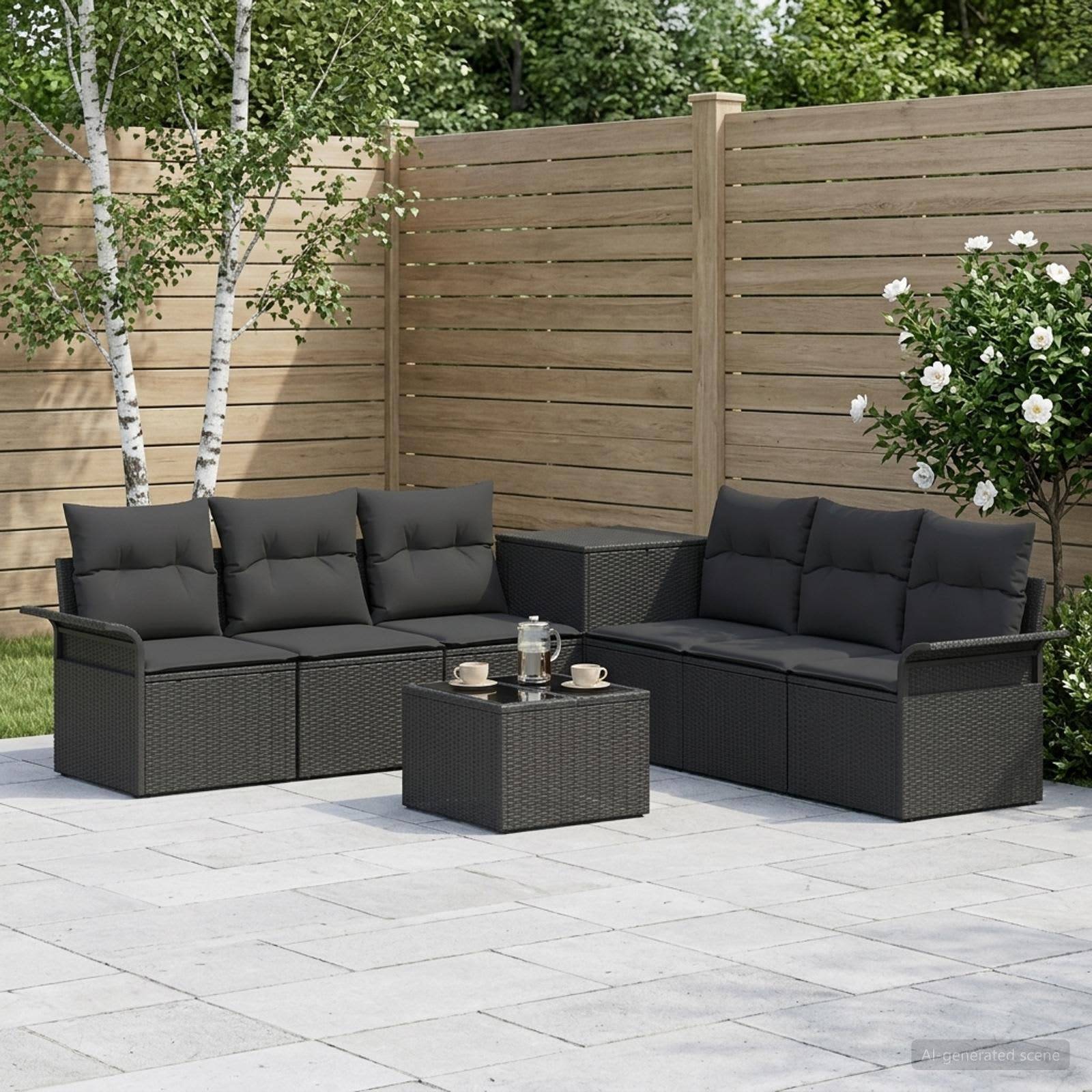 Außenterrassen-Set mit zwei schwarzen geflochtenen Ecksofa-Garnituren und passendem Couchtisch auf einer gekachelten Terrasse, neben einem Holzzaun und Bäumen.