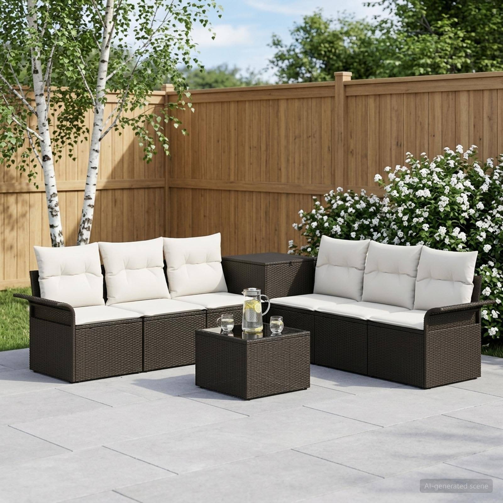 Outdoor-Terrassenmöbel-Set mit zwei Korbsofas, einem quadratischen Tisch und cremefarbenen Kissen auf einer Steinterrasse neben einem Holzzaun und blühenden Sträuchern.