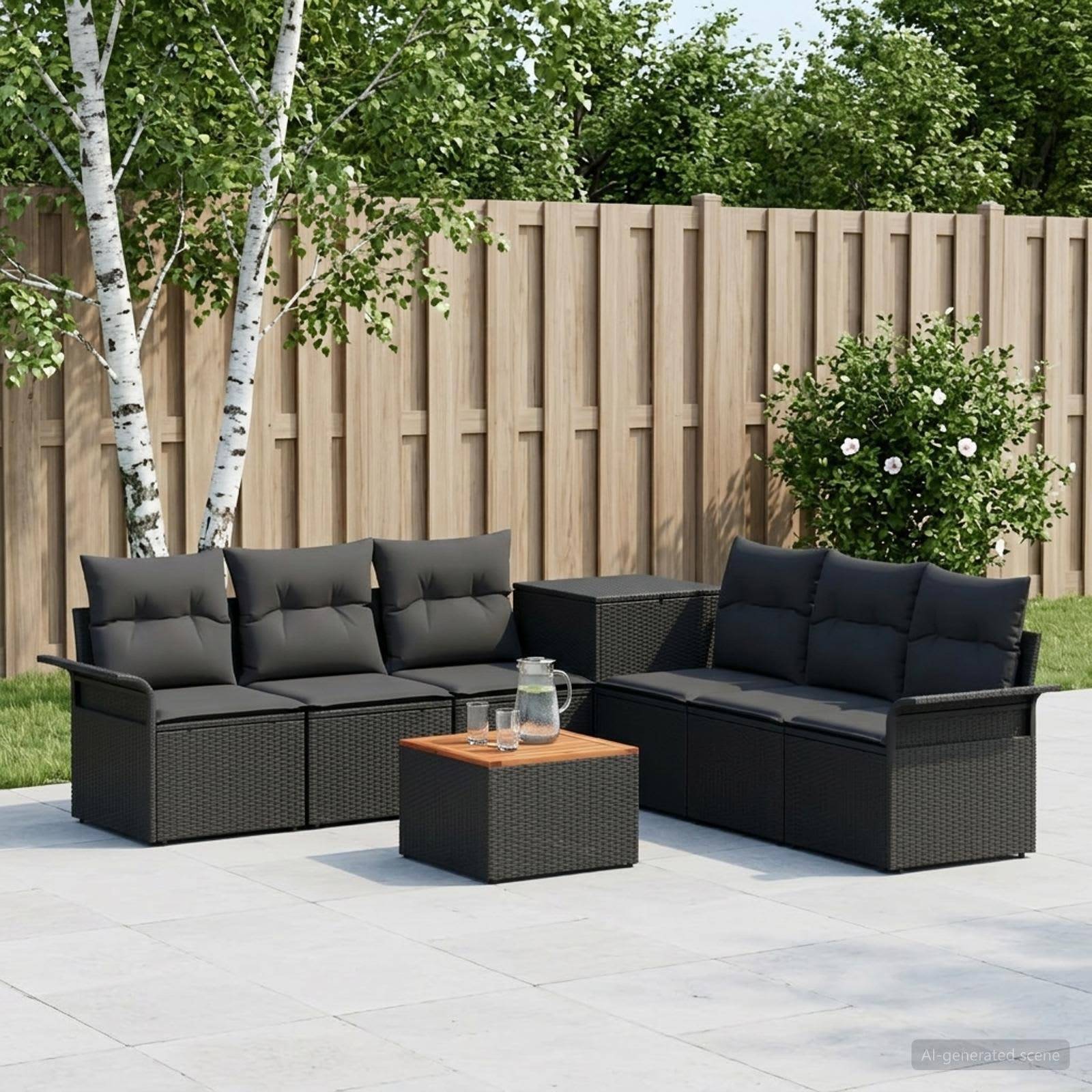 Terrasse im Freien mit schwarzem Rattansektional-Sitzmöbel, einem kleinen Tisch und Birkenb Doppelbaumzäunen im gestalteten Garten.