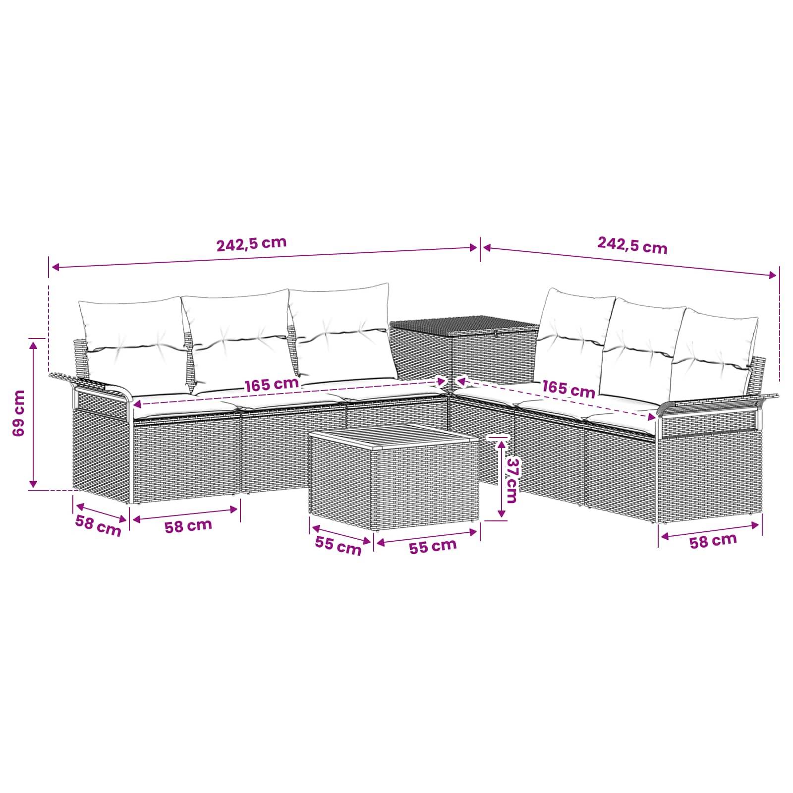 Diagramm eines L-förmigen Outdoor-Rattansofas mit Kissen und Tisch, mit den folgenden Abmessungen: 242,5 cm Seiten, 165 cm Sitze, 69 cm Höhe, 58 cm Tiefe, 55 cm Tisch, 37 cm Höhe.