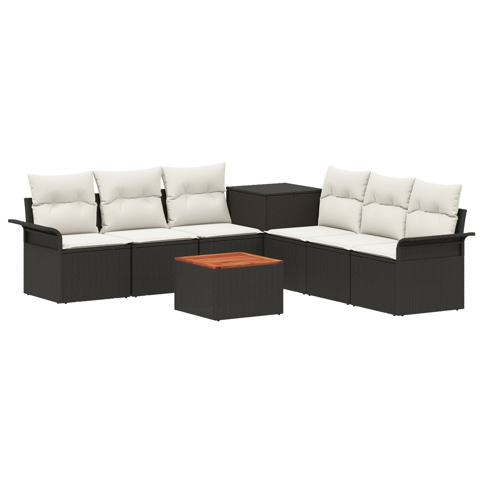 Schwarzes Outdoor-Ecksofa-Set mit weißen Kissen und quadratischem Couchtisch mit Holzplatte, in L-Form angeordnet mit passendem Eckstisch