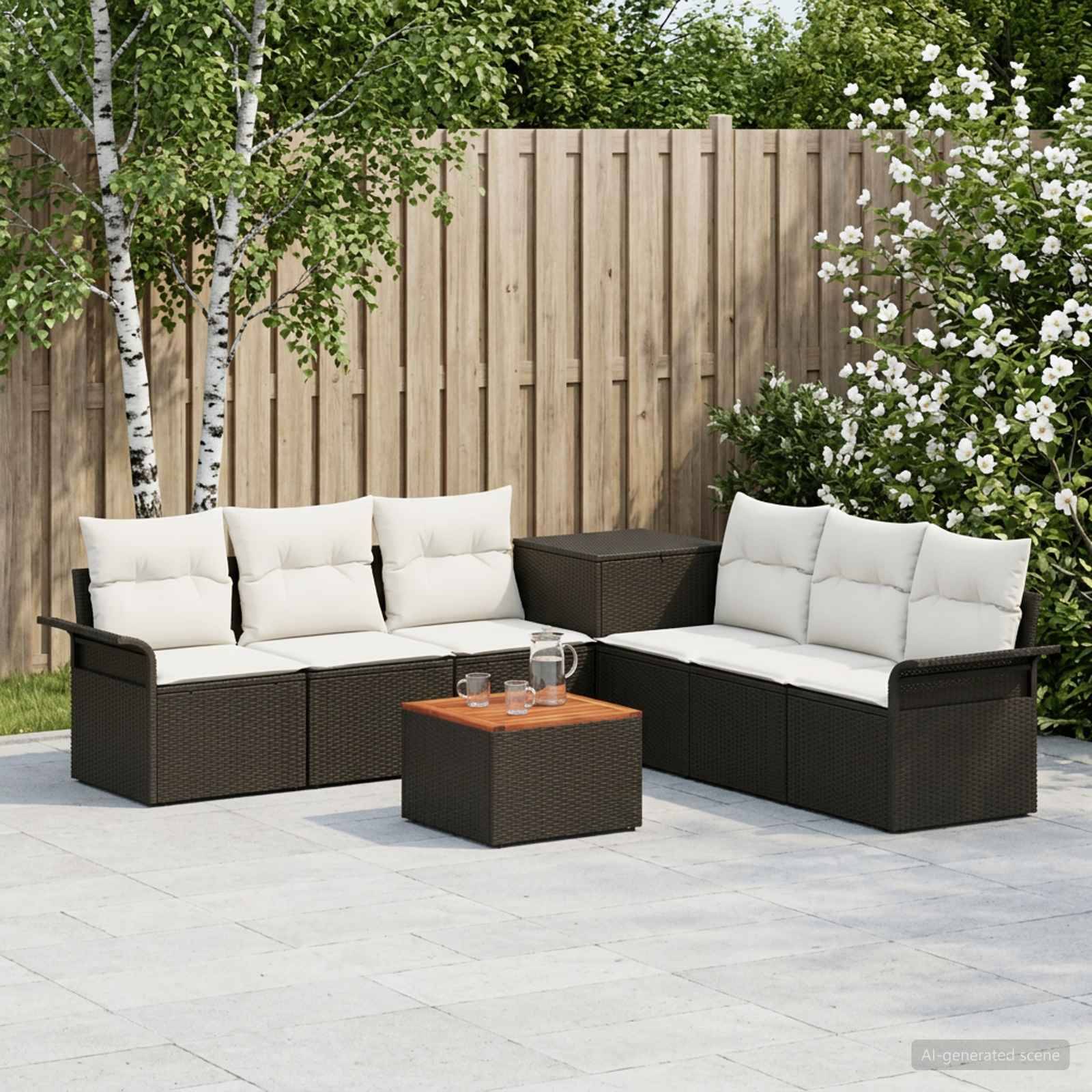 Außenmöbel-Set auf der Terrasse mit zwei dunklen Rattansofas, weißen Sitzkissen und einem kleinen Couchtisch vor einem Holzzaun und blühenden Sträuchern.
