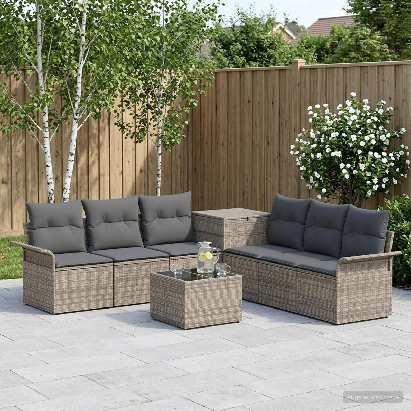 Outdoor-Terrassenmöbel-Set mit zwei Korbmöbel-Sofas, zwei Würfeltischen und einem Glascouchtisch auf einer gepflasterten Hinterhofsitzfläche.
