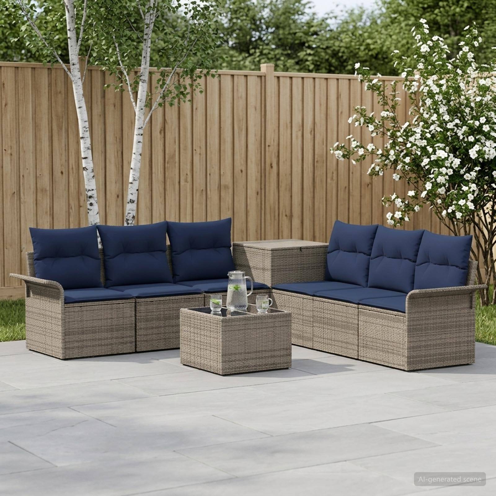 Outdoor-Sitzmöbel-Set mit zwei Korbsofas, blauen Kissen und einem passenden Couchtisch auf einem gepflasterten Hof neben einem Holzzaun.