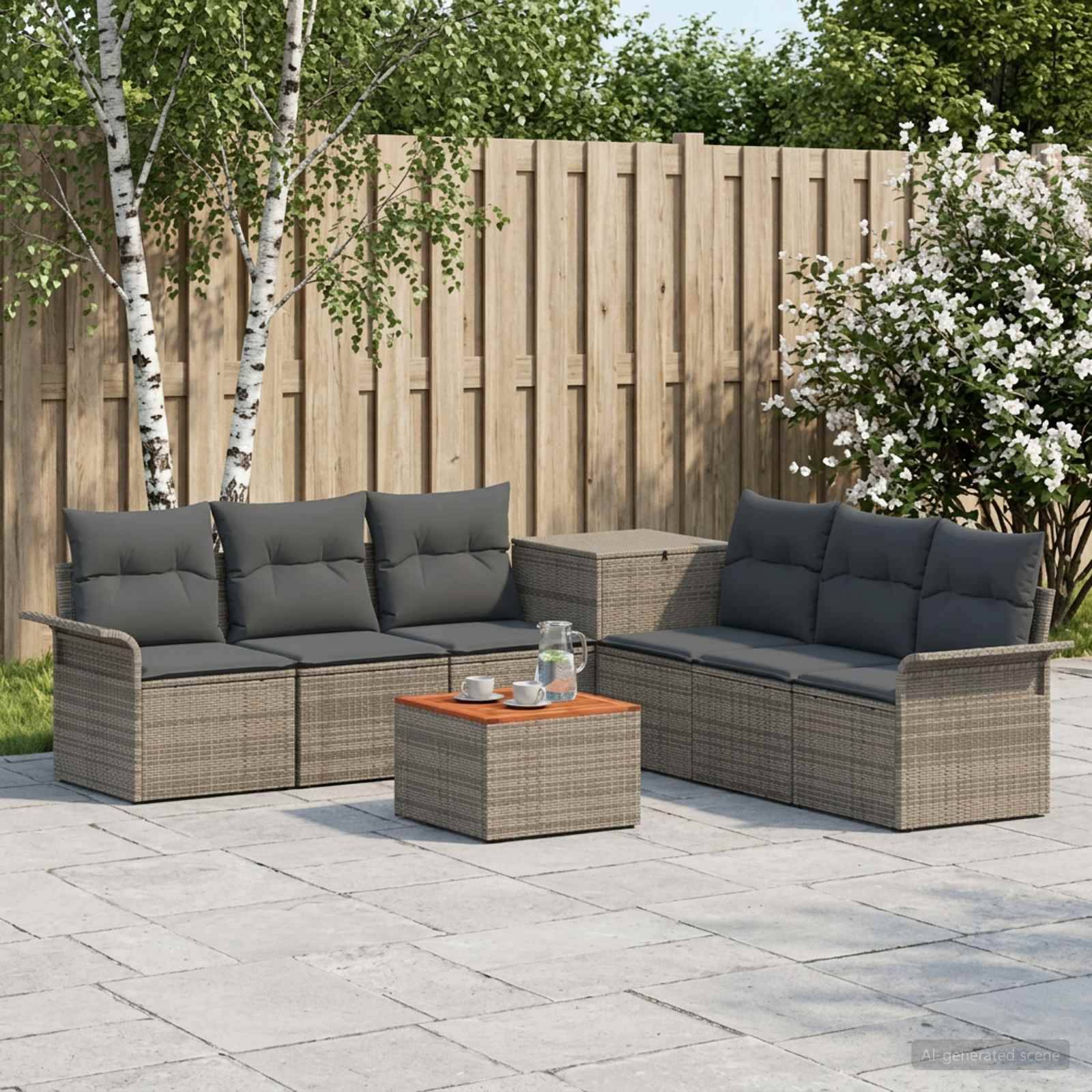 Outdoor-Sitzmöbel-Set mit zwei grauen Rattan-Sofas, passendem Couchtisch und Beistelltisch auf einer gepflasterten Terrasse neben einem Holzzaun und Bäumen.