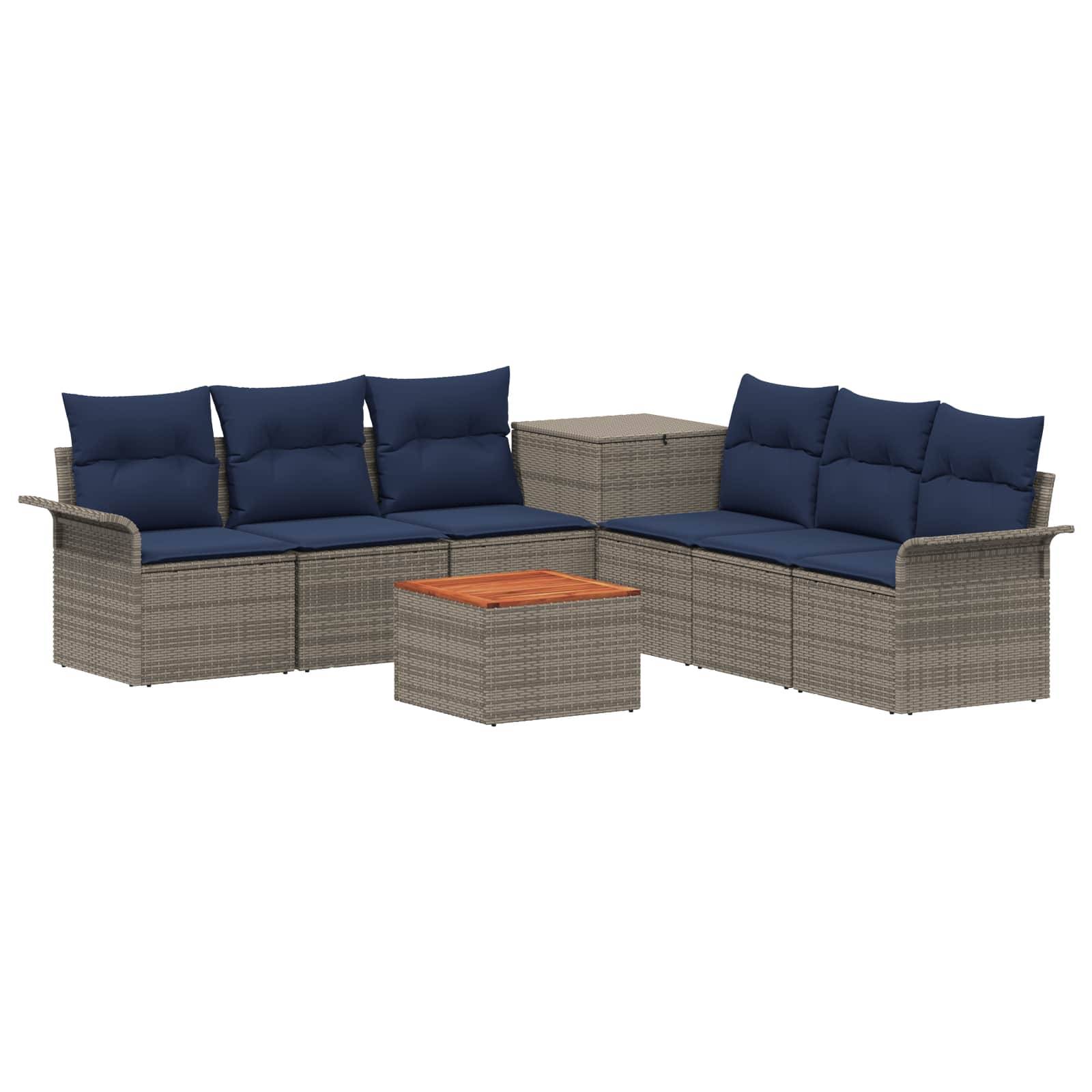 Outdoor-Polyrattan-Gartenmöbelset mit blauem Sitzkissen, quadratischem Couchtisch und passendem Aufbewahrungshocker