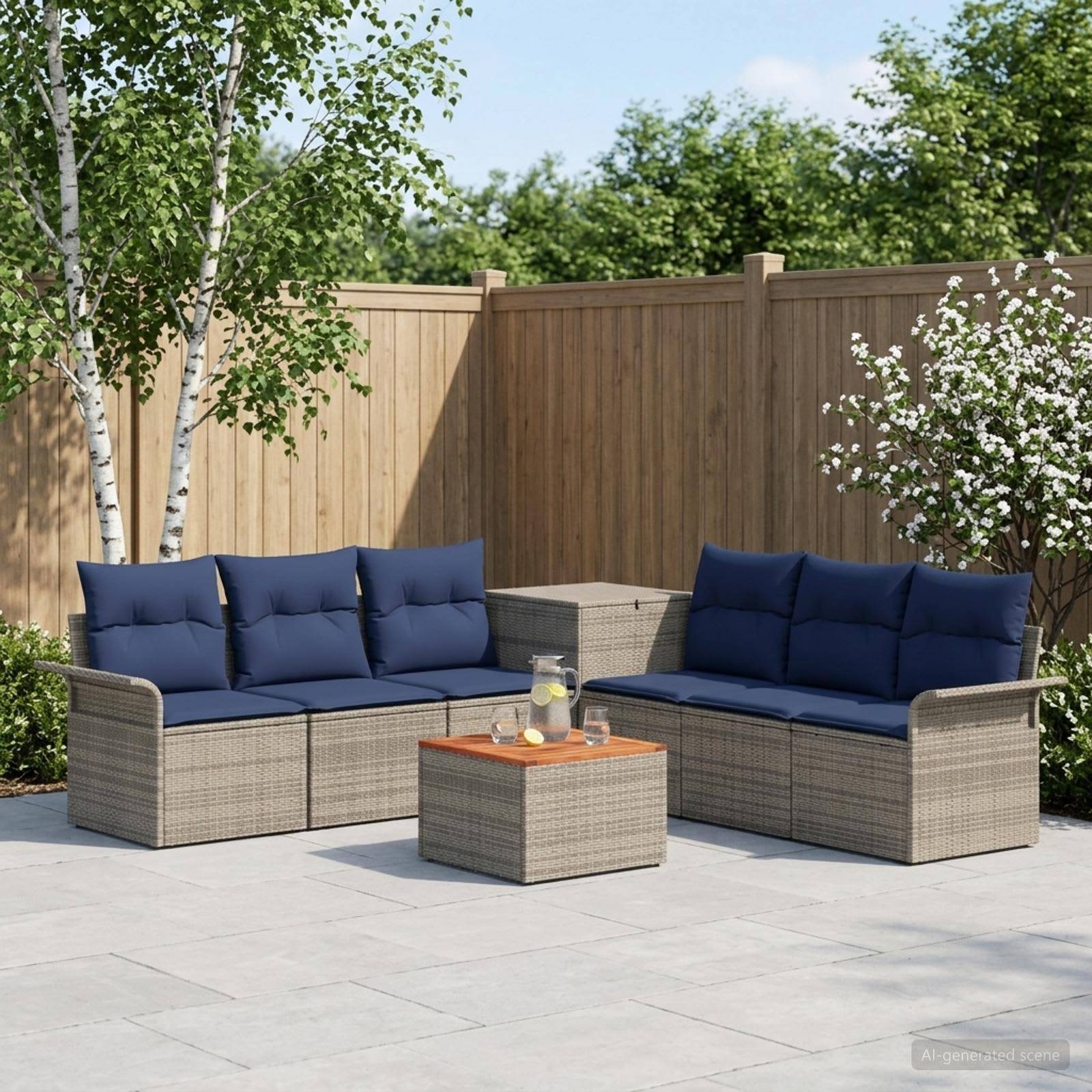 Outdoor-Sitzmöbelset für die Terrasse mit zwei grauen Rattansofas, blauen Kissen und einem kleinen Couchtisch auf einer gepflasterten Terrasse neben einem Holzzaun und Bäumen.