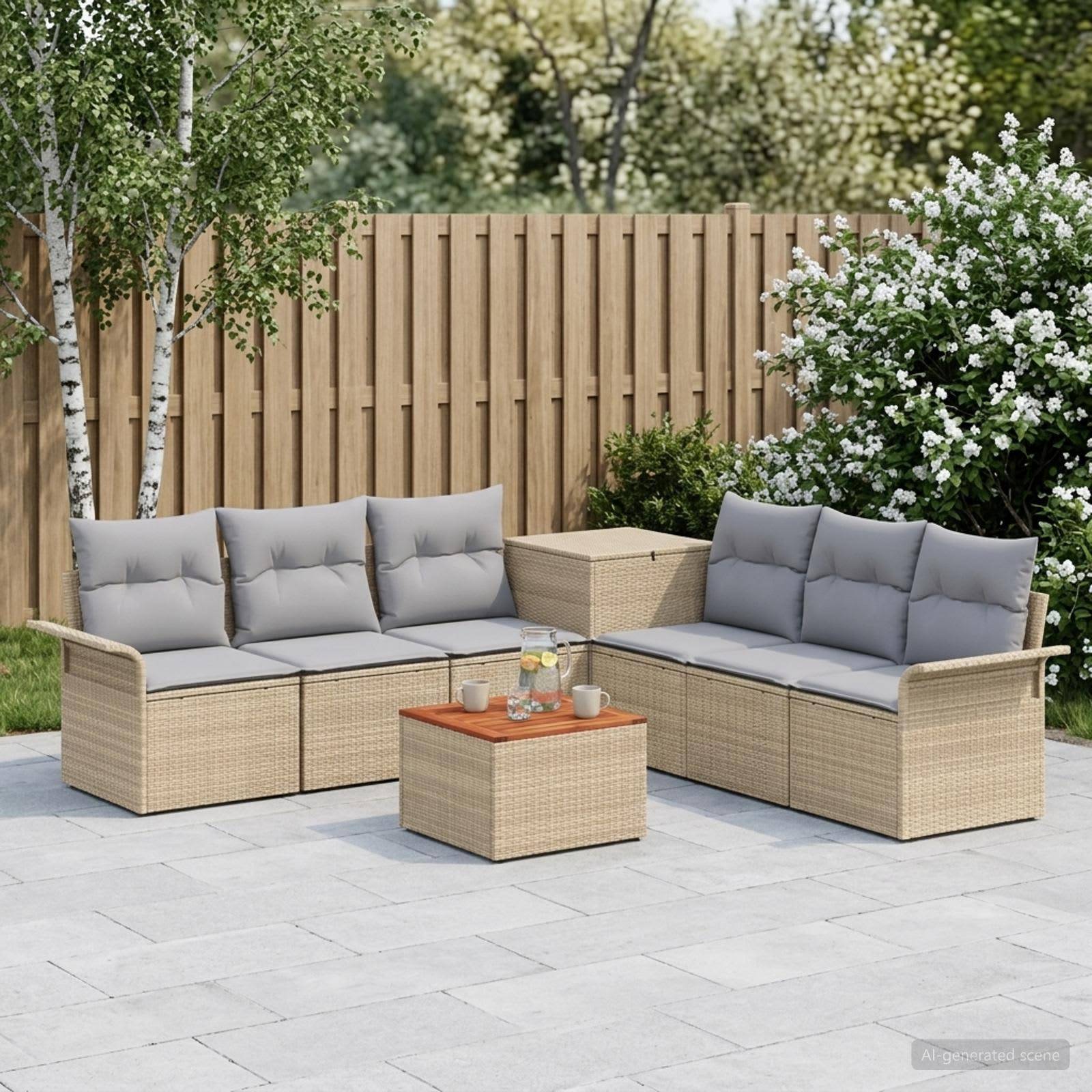 Außenseating-Set für die Terrasse mit zwei Korbsofas, passendem Ottomane und Couchtisch, grauen Kissen und einem Holz-Sichtschutzzaun in einem Garten.