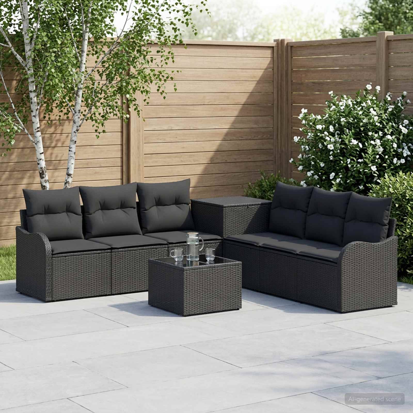 Zwei dunkle Rattanoutdoor-Sofas mit schwarzen Kissen und ein kleiner Couchtisch auf einer Terrasse neben einem Holzzaun und Grünflächen.